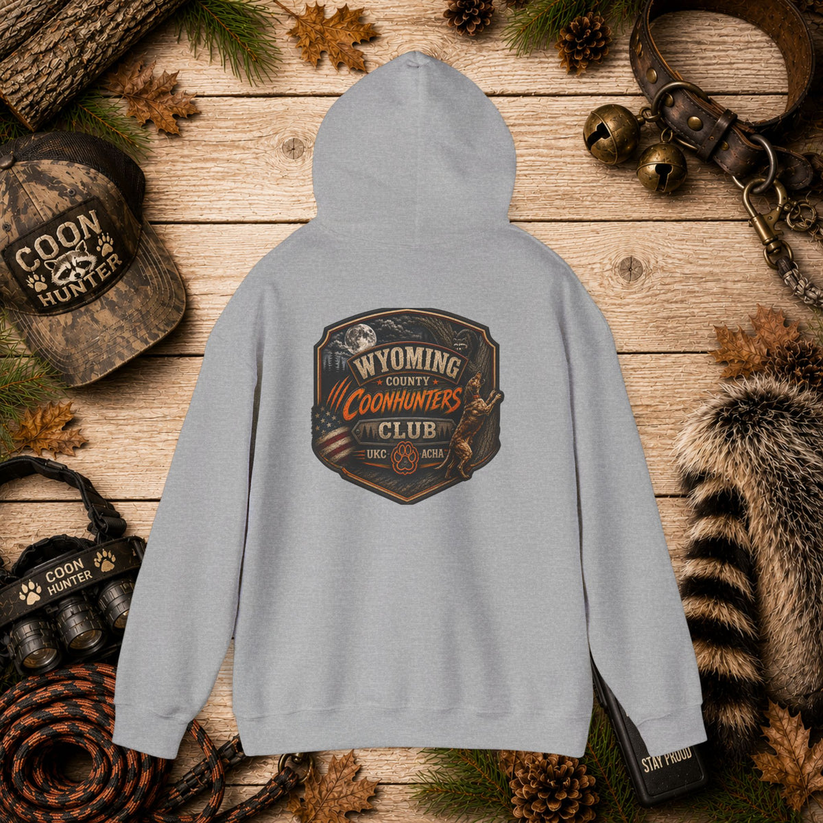 Wyoming County Coonhunters Club Hoodie – Rustic Hunting Badge Sweatshirt