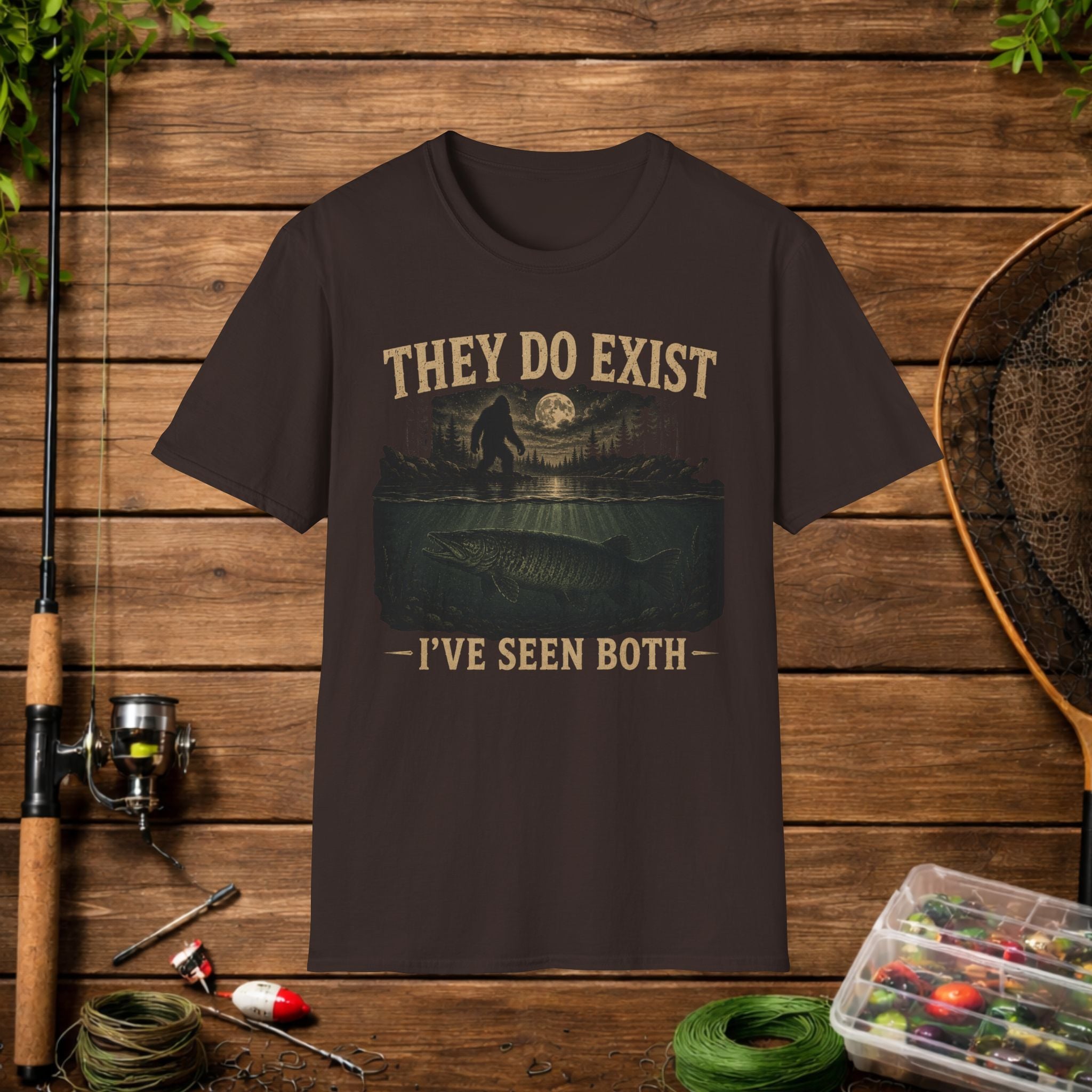 Fishing & Bigfoot T-Shirt - "They Do Exist I've Seen Both" Outdoor Graphic Tee