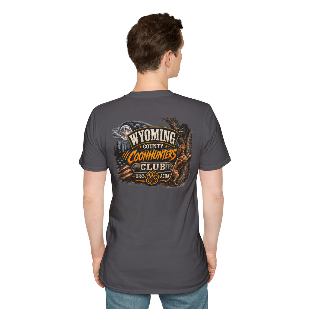Wyoming Coonhunters Club T‑Shirt — front Badge with banner backTee