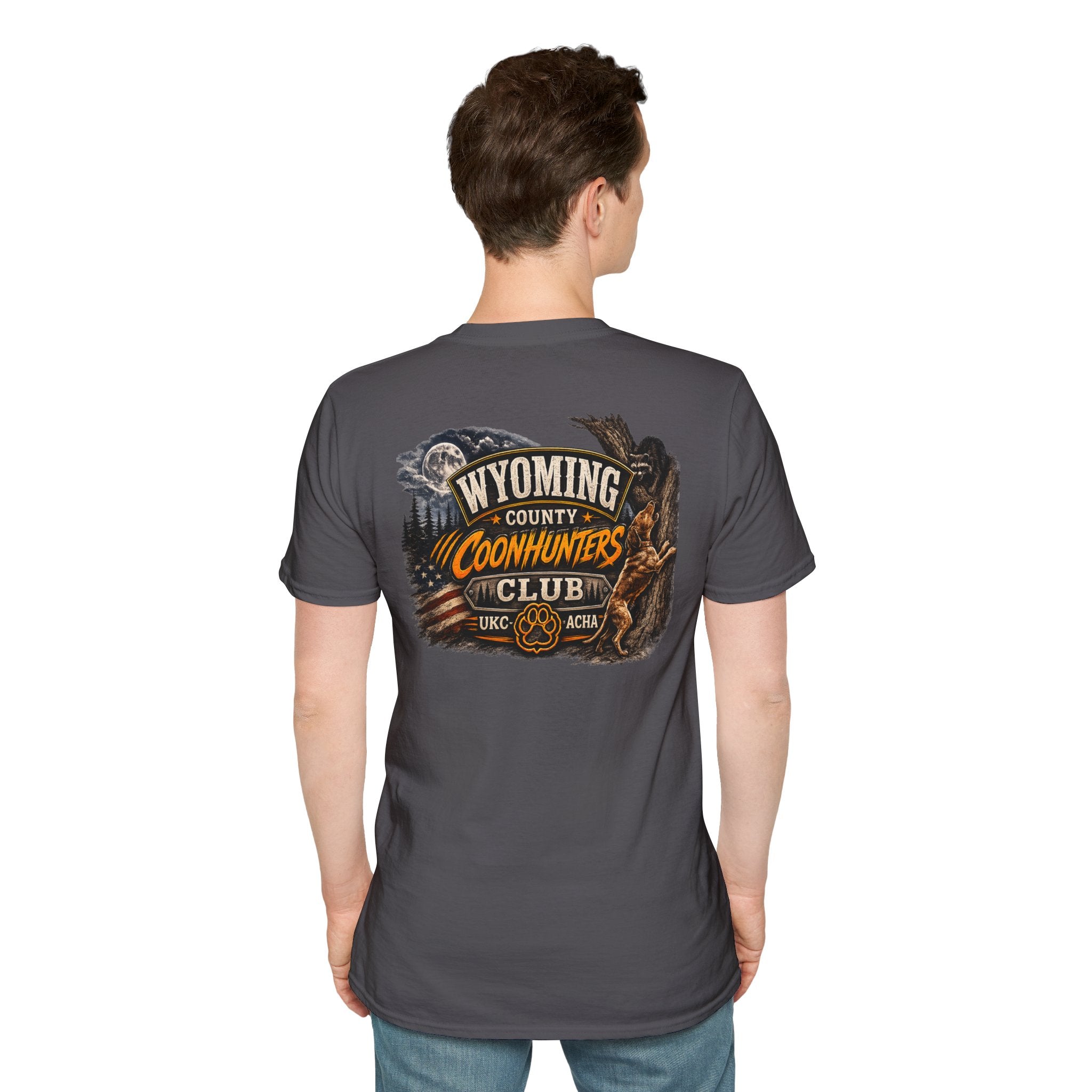 Wyoming Coonhunters Club T‑Shirt — front Badge with banner backTee