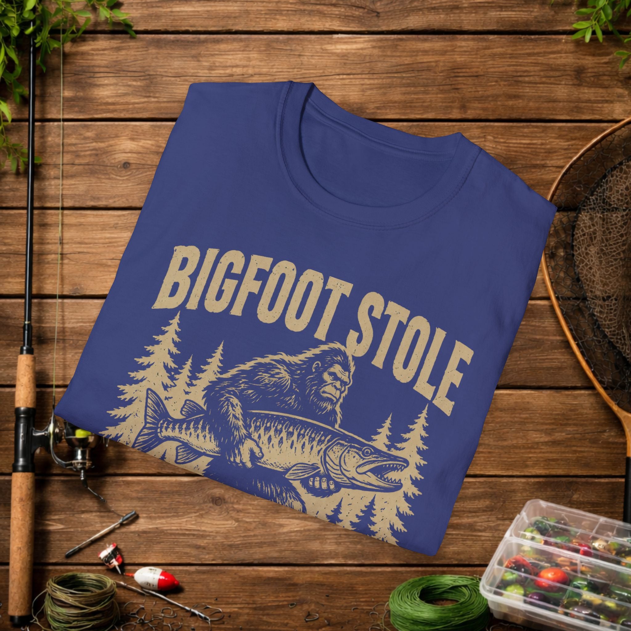 Bigfoot Stole My Musky T-Shirt — Funny Fishing Muskie Tee for Anglers