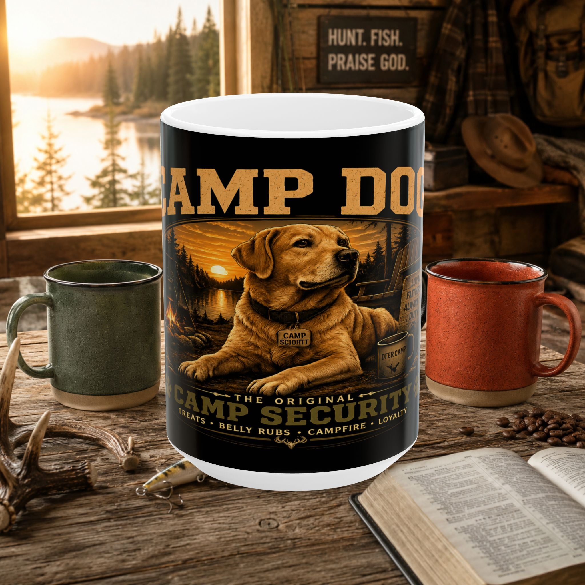 Camp Dog Ceramic Mug — Rustic Camping Labrador Coffee Cup (11oz & 15oz)