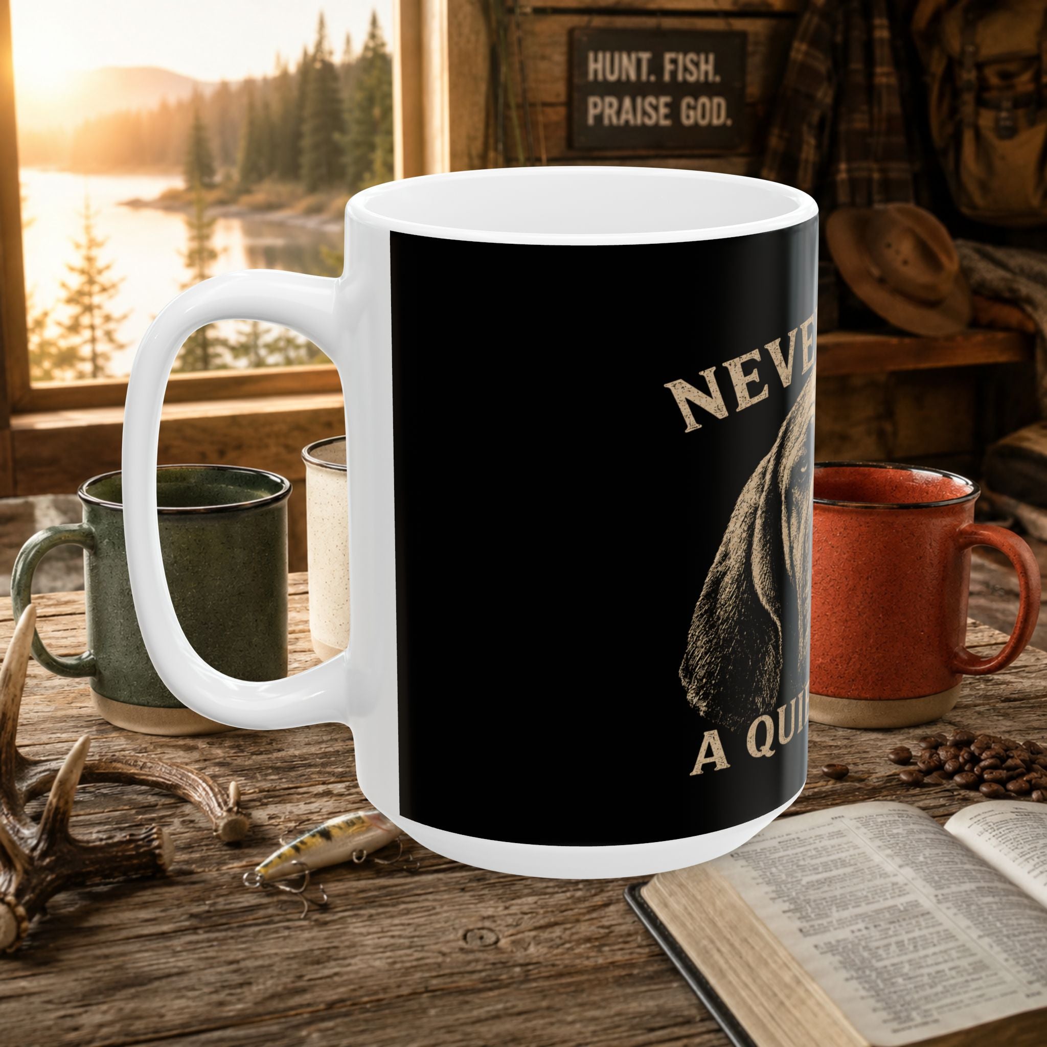 Coon Hunting Mug — "Never Trust a Quiet Hound" Hound Dog Ceramic Coffee Cup (11oz/15oz)