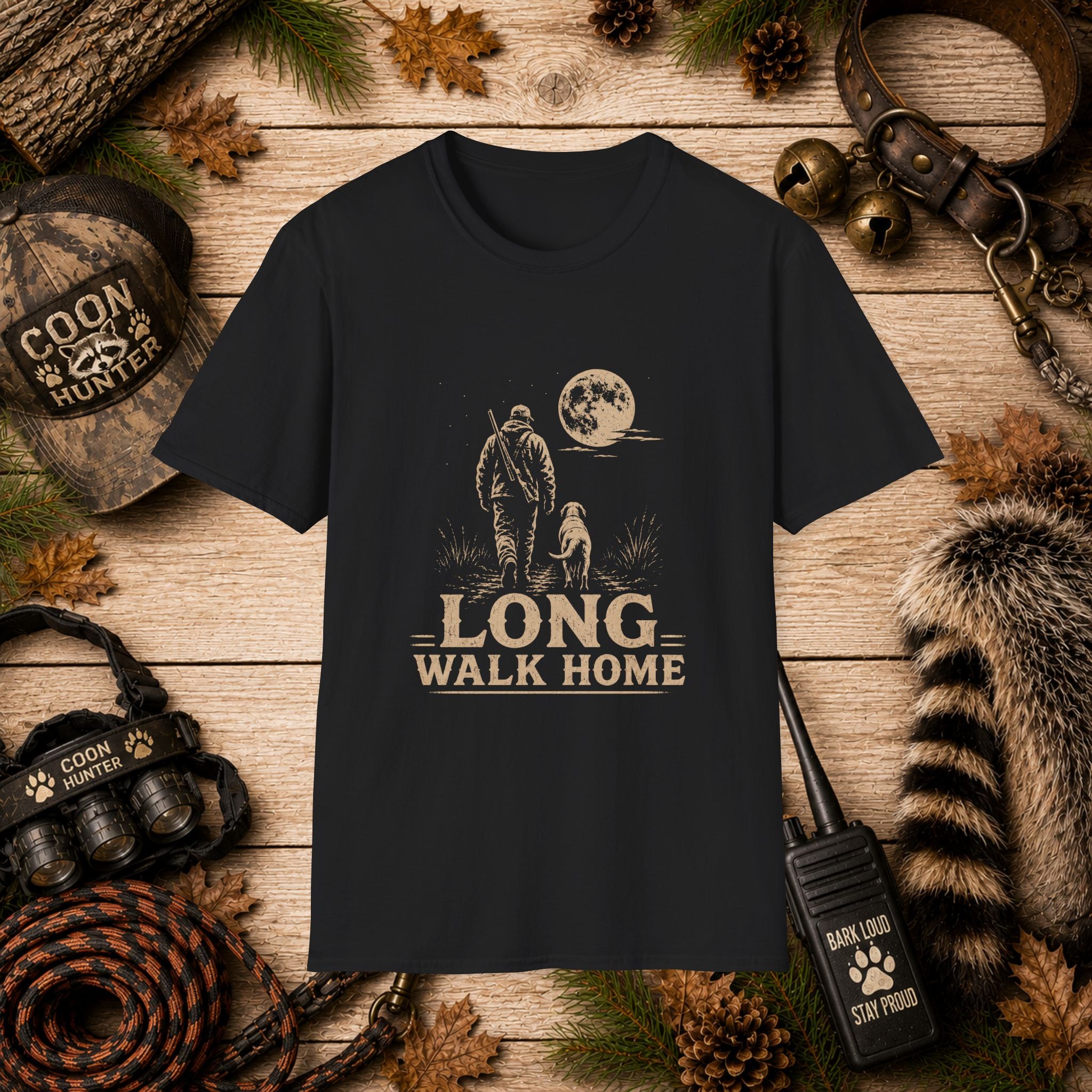 Long Walk Home Coon Hunting T-Shirt | Moonlit Houndsman & Dog Graphic Tee | Wild Wonderful Wear