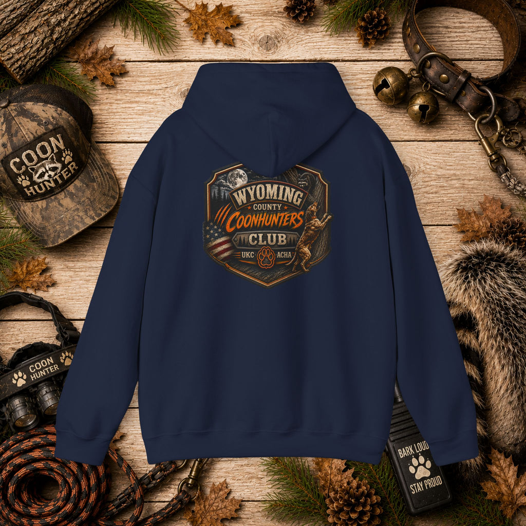 Wyoming Coonhunters Club Hoodie – Vintage Coon Hunting Graphic Dual print Banner front/Badge Back