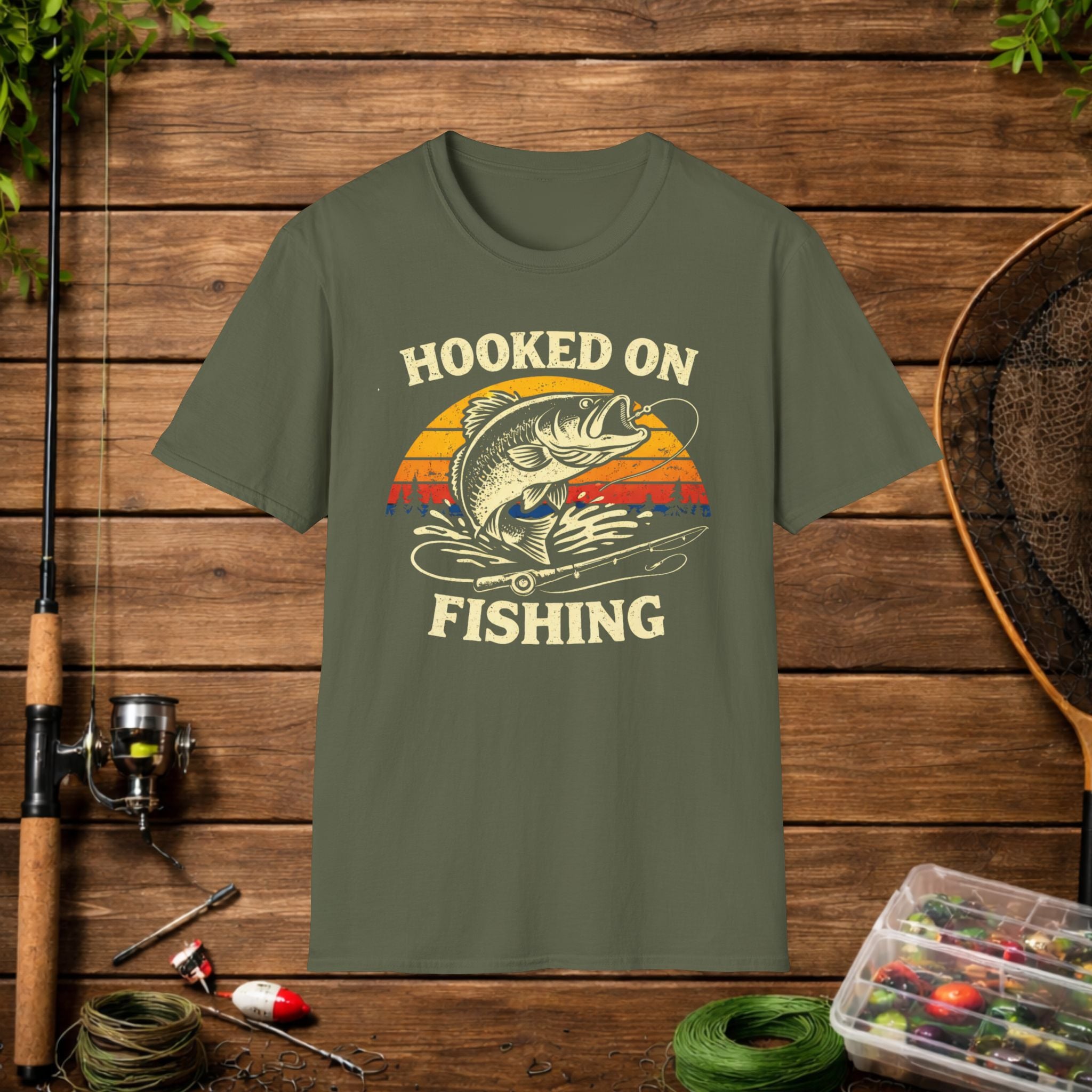 Hooked on Fishing Retro Sunset Shirt – Bass Fishing T-Shirt – Vintage Fisherman Tee – Largemouth Bass Angler Gift