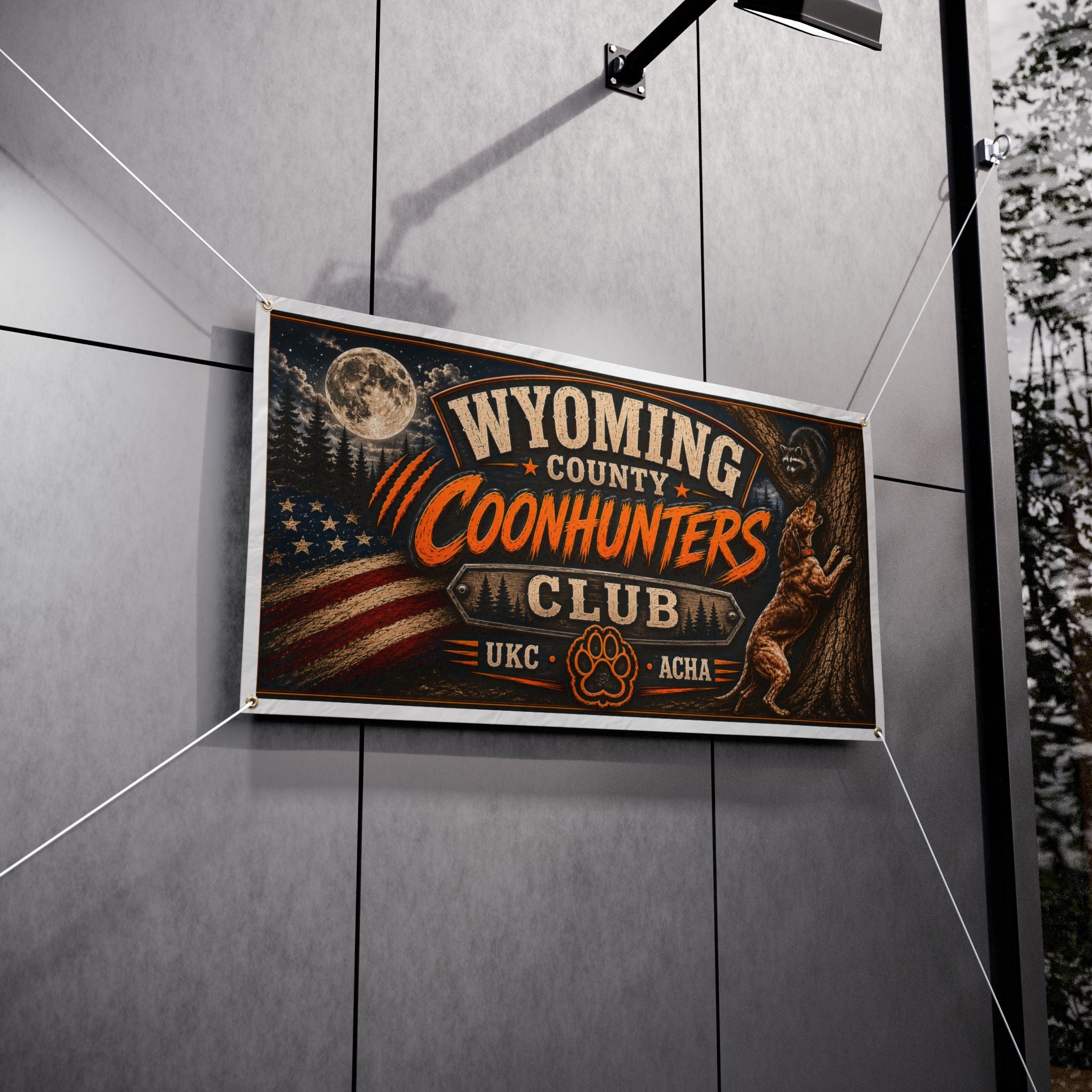Wyoming County Coonhunters Club Vinyl Banner – Rustic American Hunting Sign