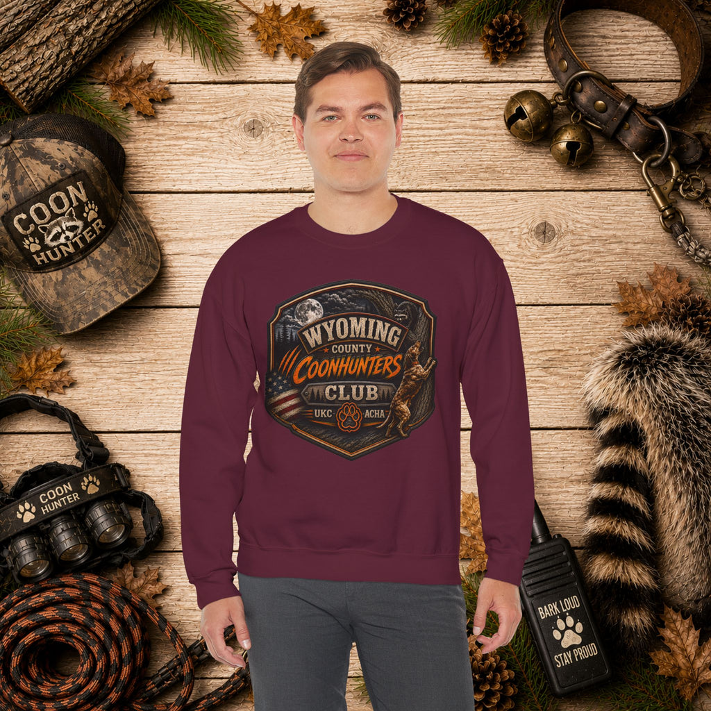 Wyoming Coonhunters Club Crewneck Sweatshirt Dual Print Badge front/Banner back