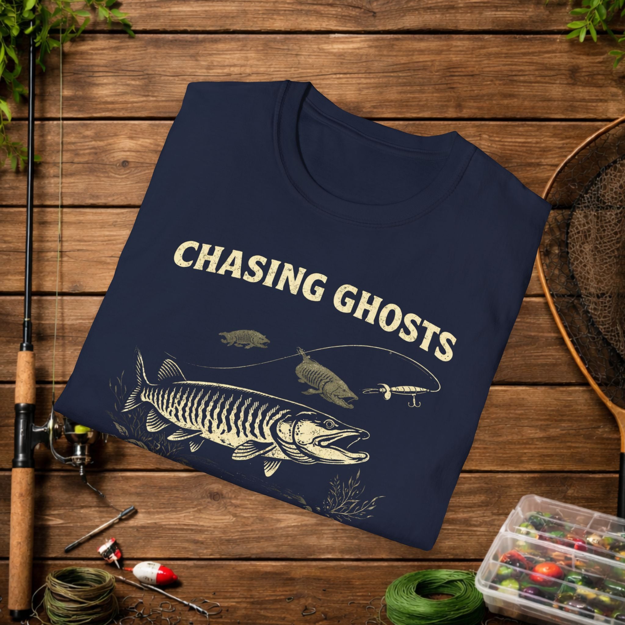 Chasing Ghosts Musky Shirt – Muskellunge Fishing Tee – Musky Angler Apparel – Vintage Fishing Shirt