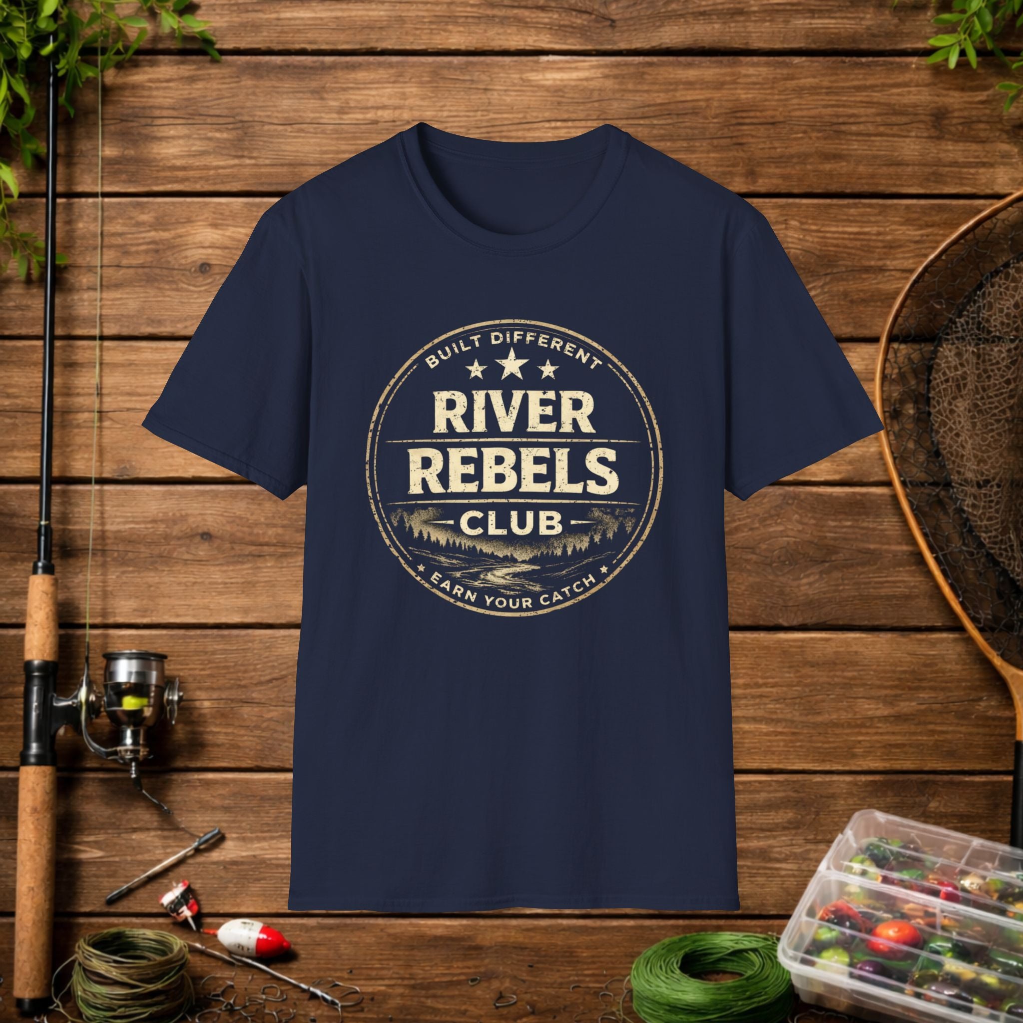 River Rebels Club Shirt – Built Different Fishing Tee – Earn Your Catch Outdoor Shirt – Rustic River Life Apparel