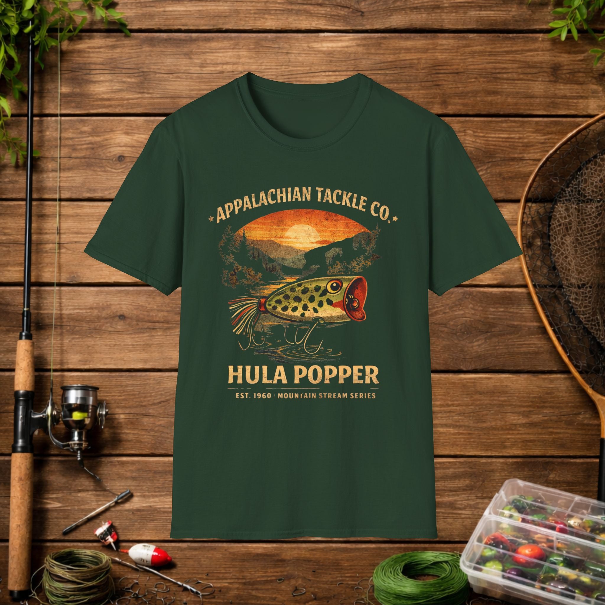 Appalachian Tackle Co Hula Popper Shirt – Vintage Fishing Lure Tee – Topwater Bass Fishing Shirt – Mountain Stream Apparel