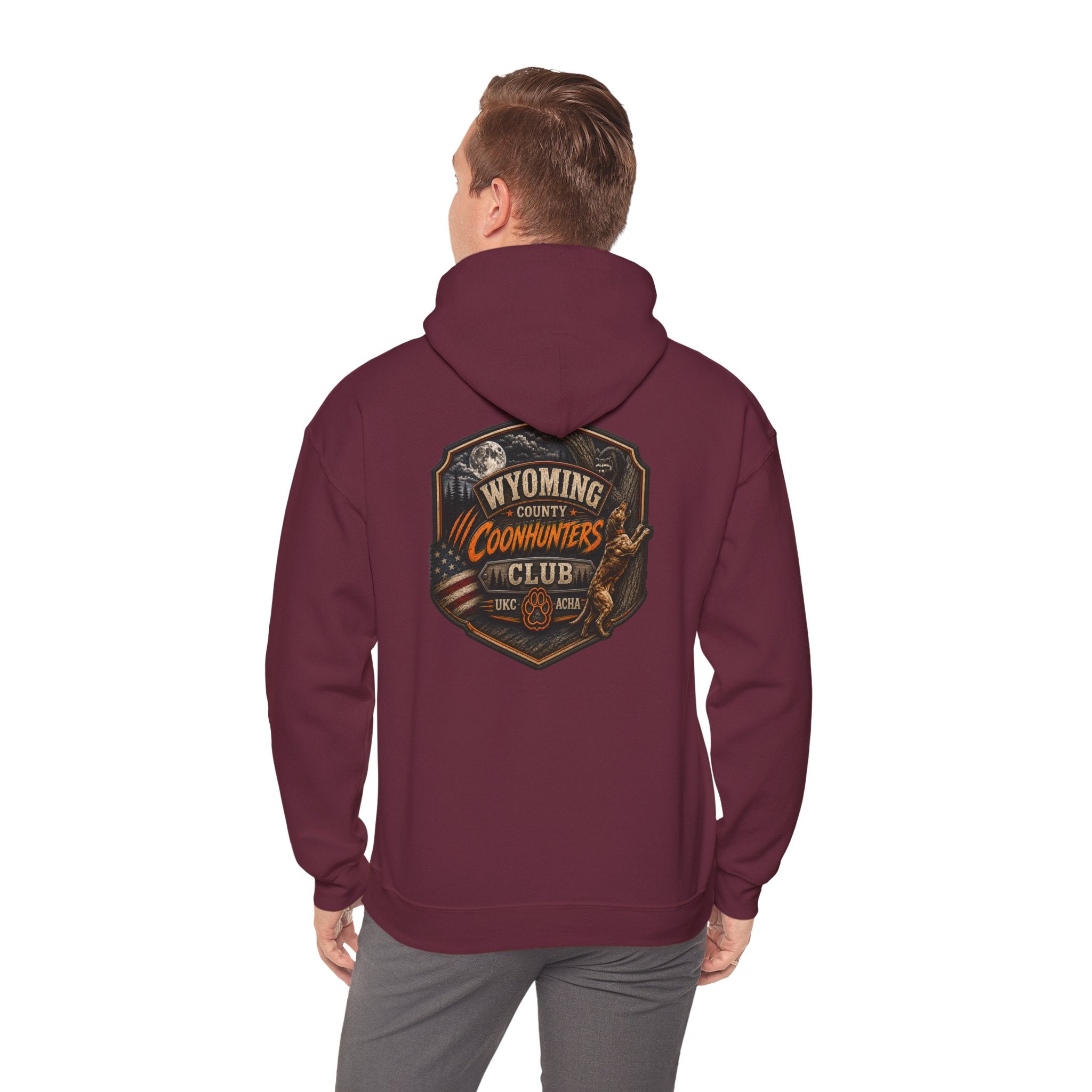 Wyoming Coonhunters Club Hoodie – Vintage Coon Hunting Graphic Dual print Banner front/Badge Back