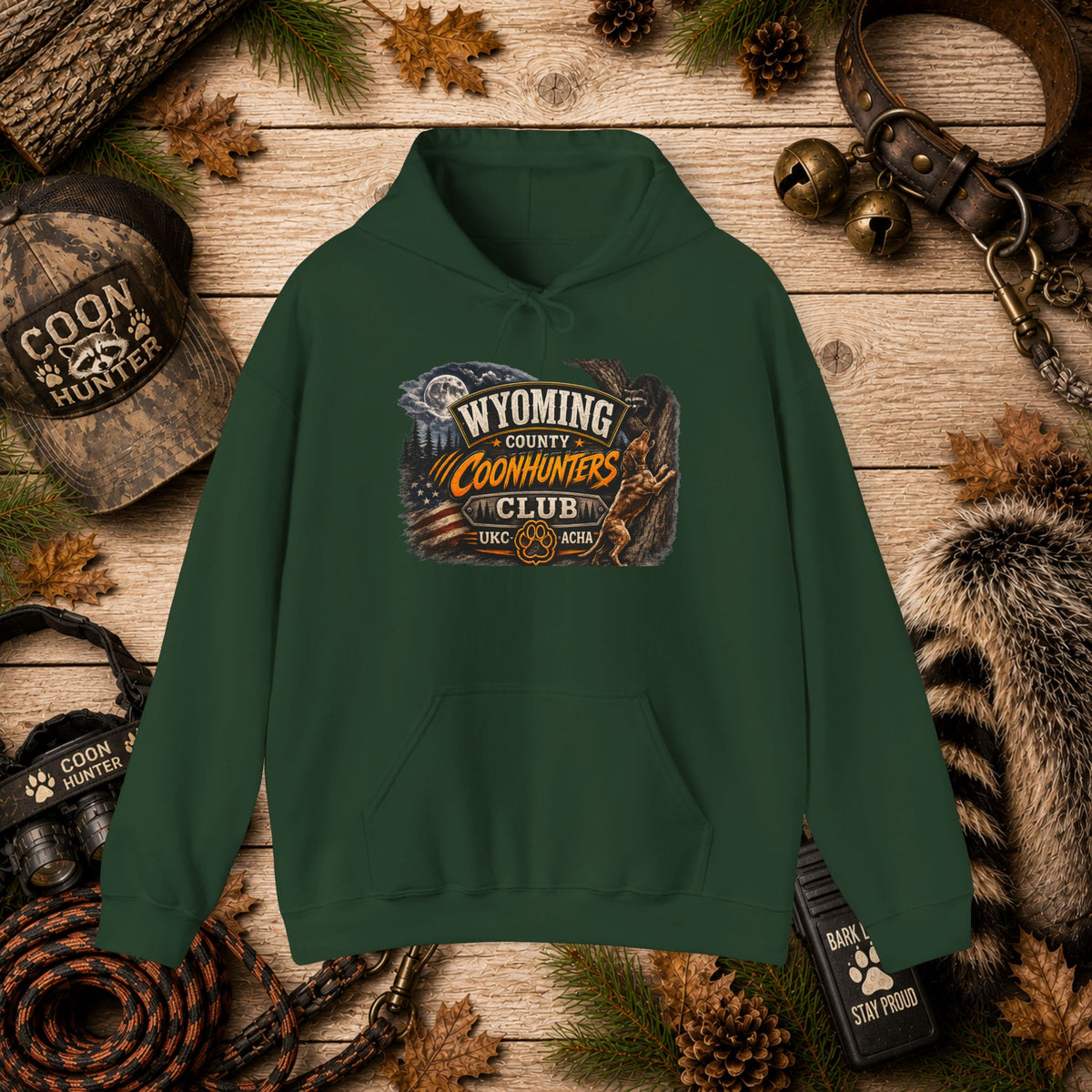 Wyoming Coonhunters Club Hoodie – Vintage Coon Hunting Graphic Dual print Banner front/Badge Back