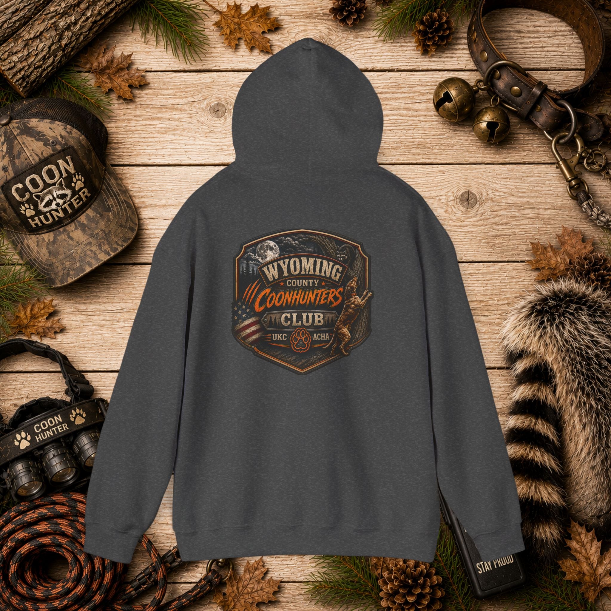 Wyoming County Coonhunters Club Hoodie – Rustic Hunting Badge Sweatshirt