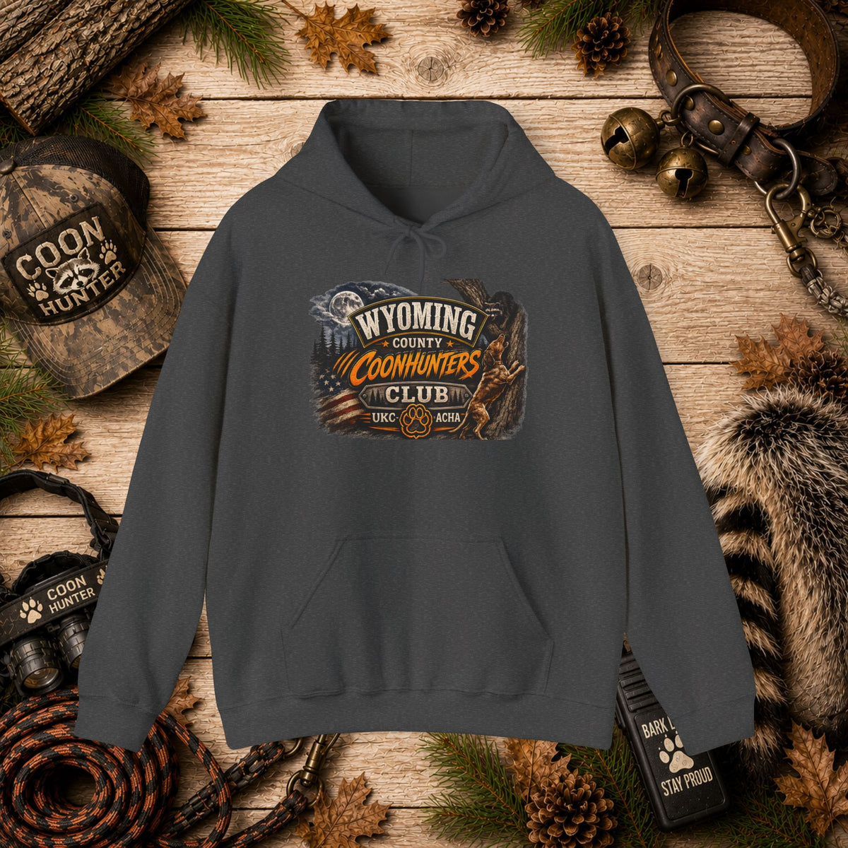Wyoming Coonhunters Club Hoodie – Vintage Coon Hunting Graphic Dual print Banner front/Badge Back