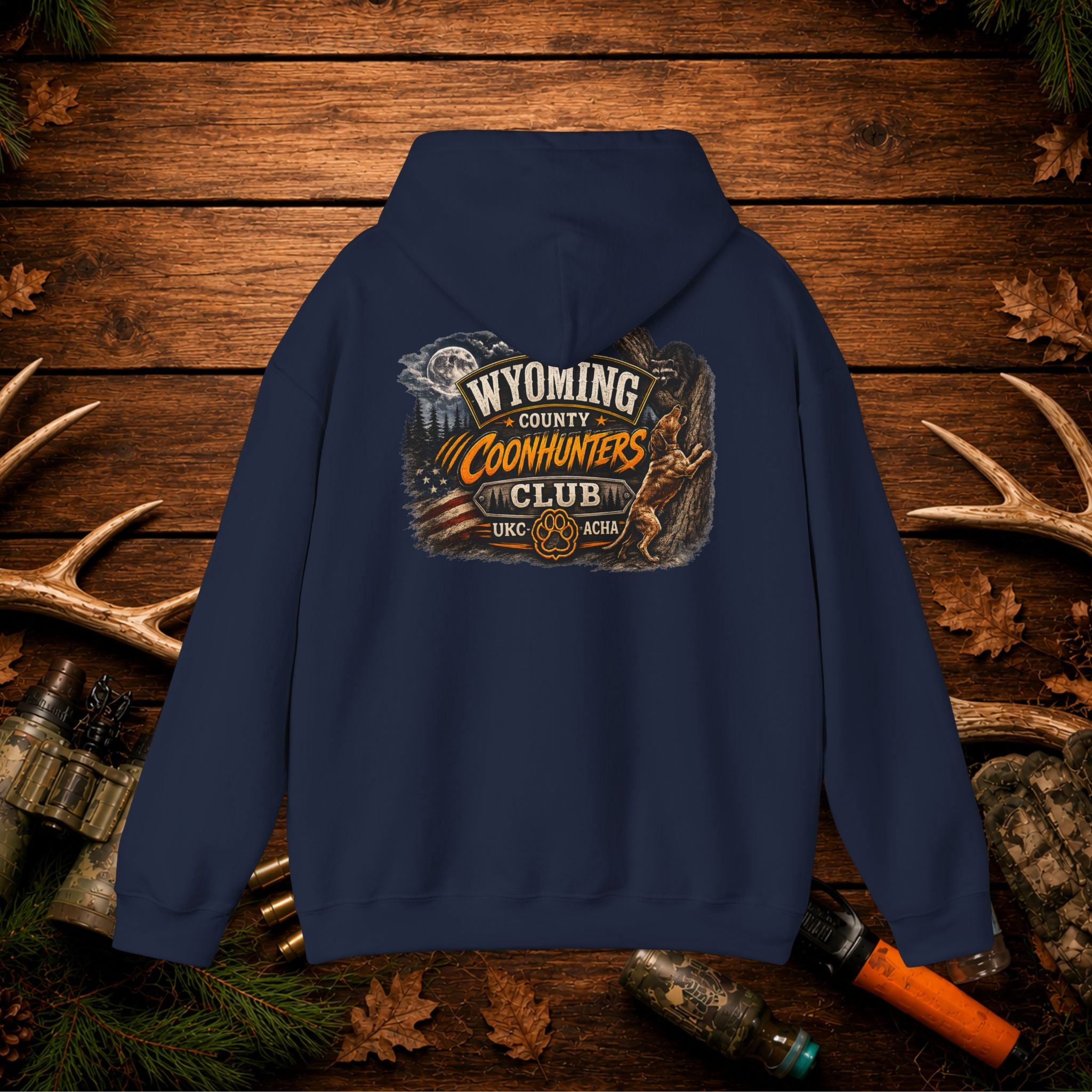 Coonhunters Club Hoodie — Wyoming County Retro Hunting Graphic