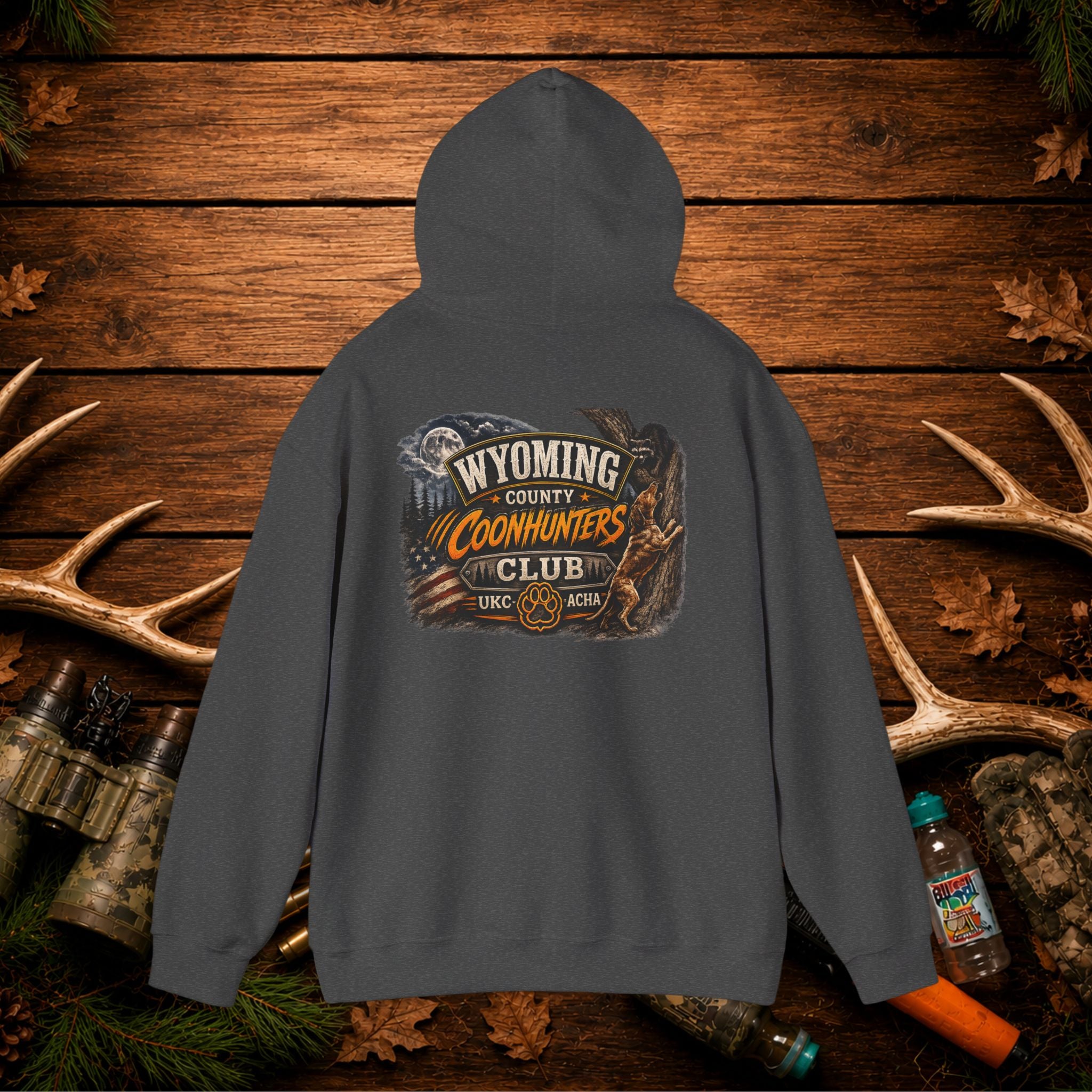 Coonhunters Club Hoodie — Wyoming County Retro Hunting Graphic