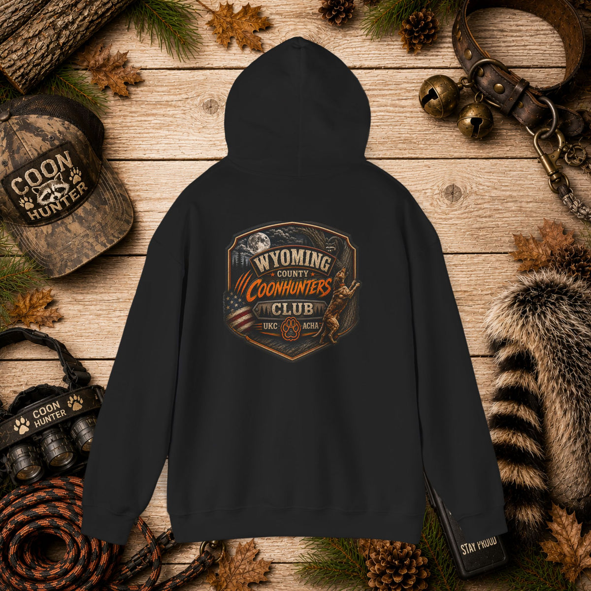 Wyoming County Coonhunters Club Hoodie – Rustic Hunting Badge Sweatshirt