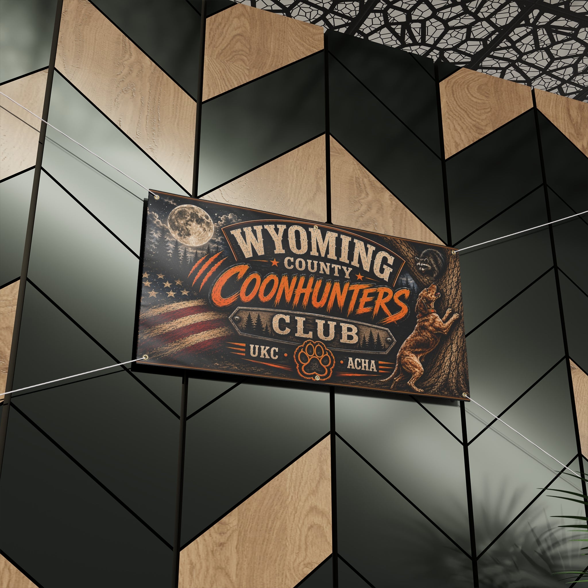 Wyoming County Coonhunters Club Banner — Outdoor Hunting Sign with American Flag & Moon