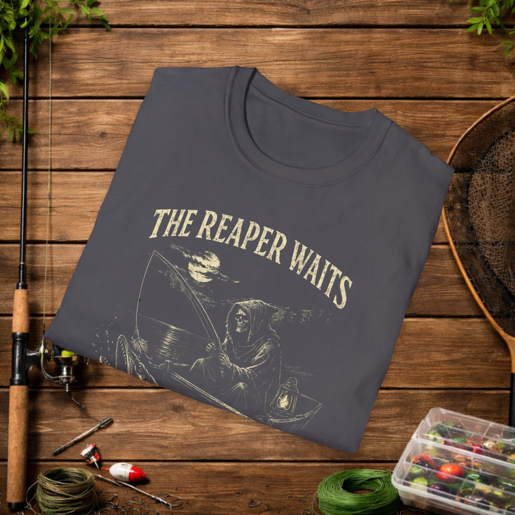 Musky Fishing Shirt – The Reaper Waits – Grim Reaper Fishing Tee – Muskie Angler Gift – Dark Fishing T-Shirt
