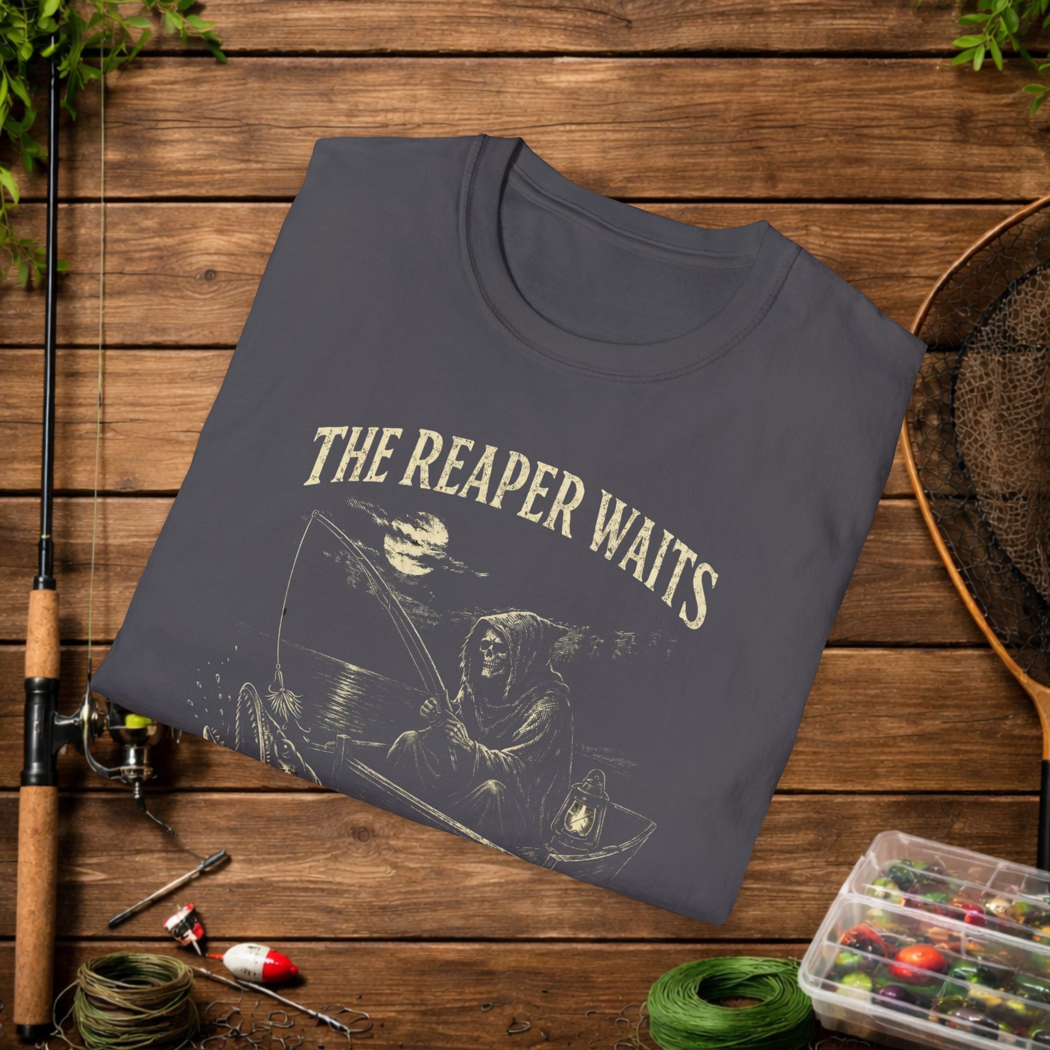 Musky Fishing Shirt – The Reaper Waits – Grim Reaper Fishing Tee – Muskie Angler Gift – Dark Fishing T-Shirt