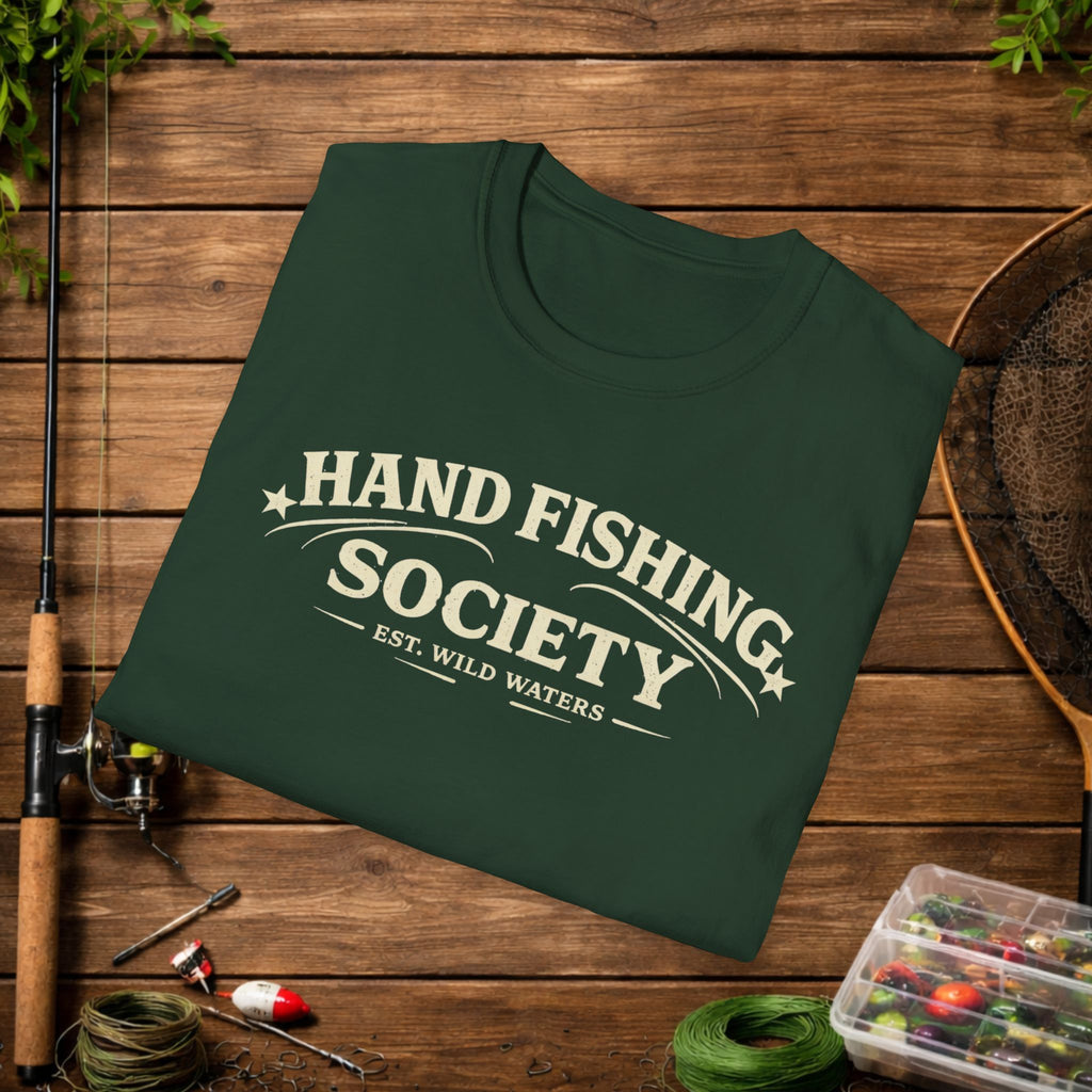 Hand Fishing Society Shirt – Catfish Noodling Tee – Wild Waters Fishing Shirt – River Life Outdoor Apparel