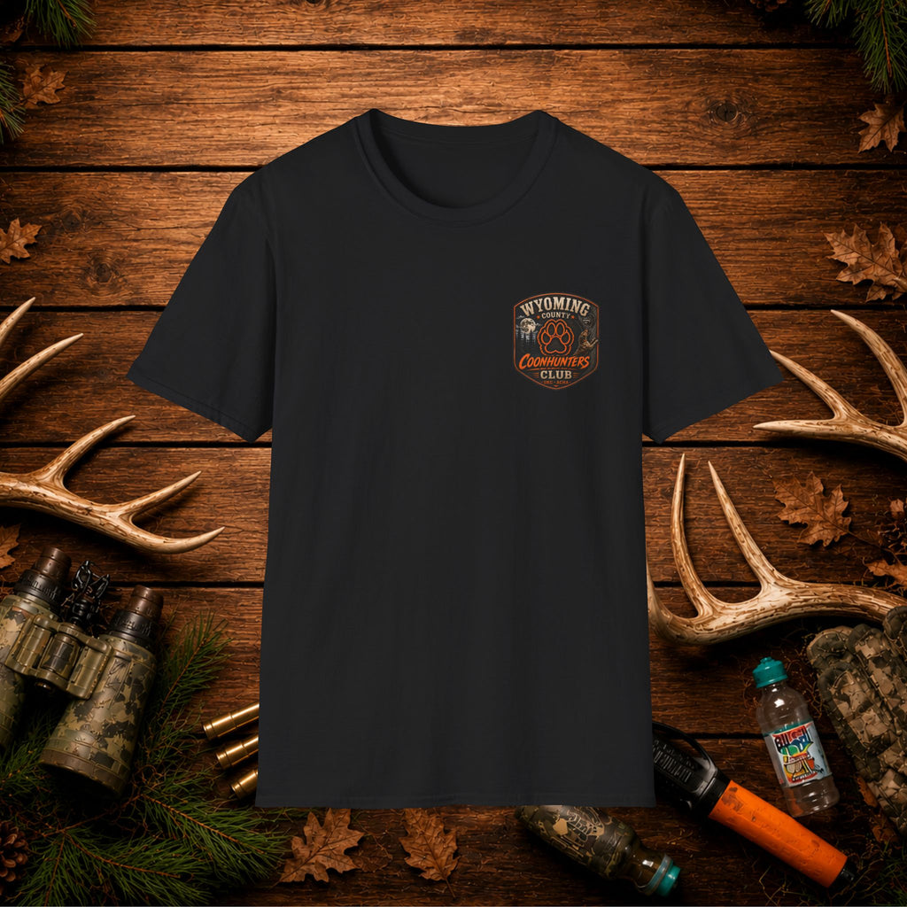 Wyoming Coonhunters Club T‑Shirt — front Badge with banner backTee