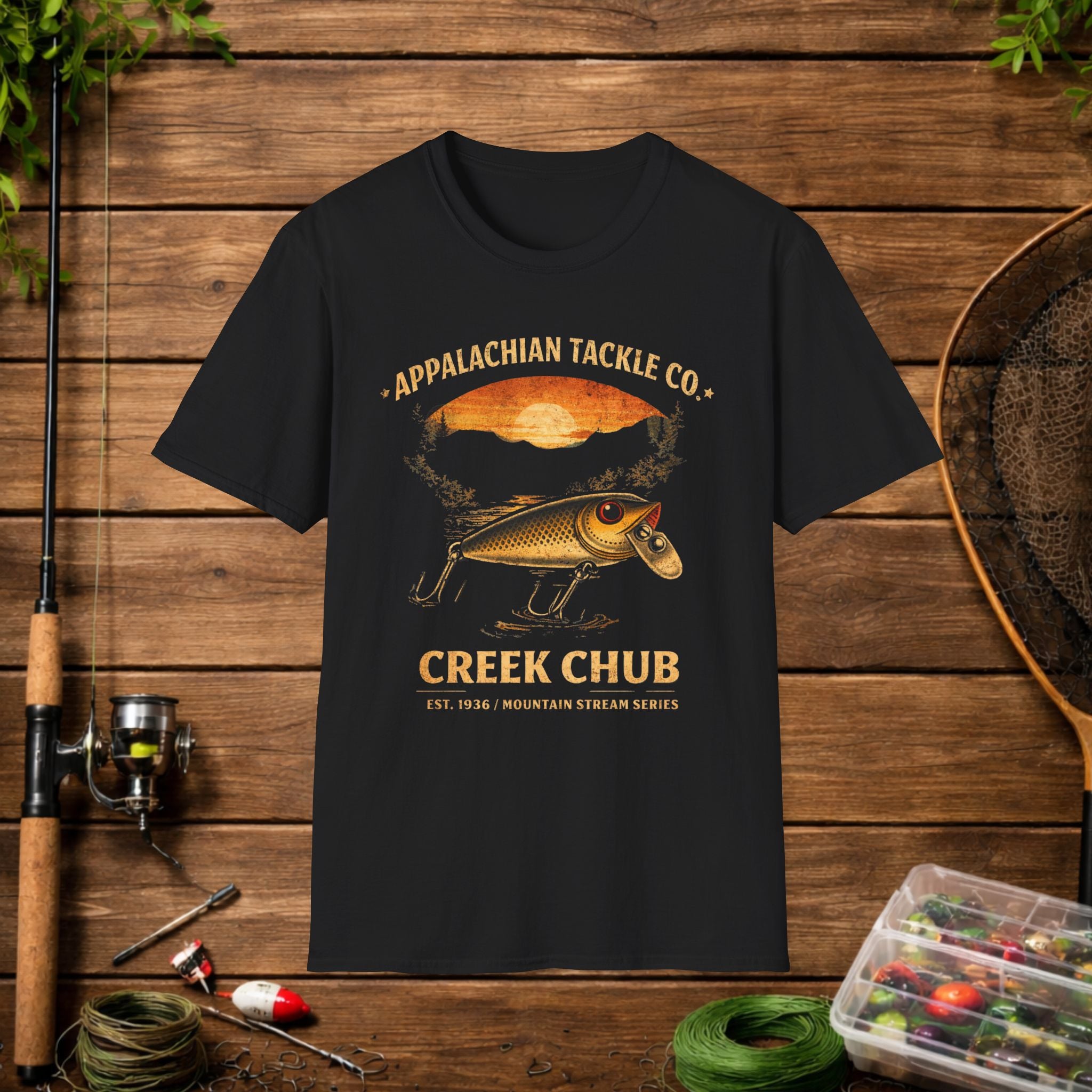 Appalachian Tackle Co Creek Chub Shirt – Vintage Fishing Lure Tee – Old School Bass Fishing Shirt – Mountain Stream Apparel