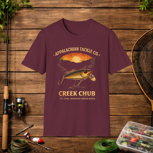 Appalachian Tackle Co Creek Chub Shirt – Vintage Fishing Lure Tee – Old School Bass Fishing Shirt – Mountain Stream Apparel