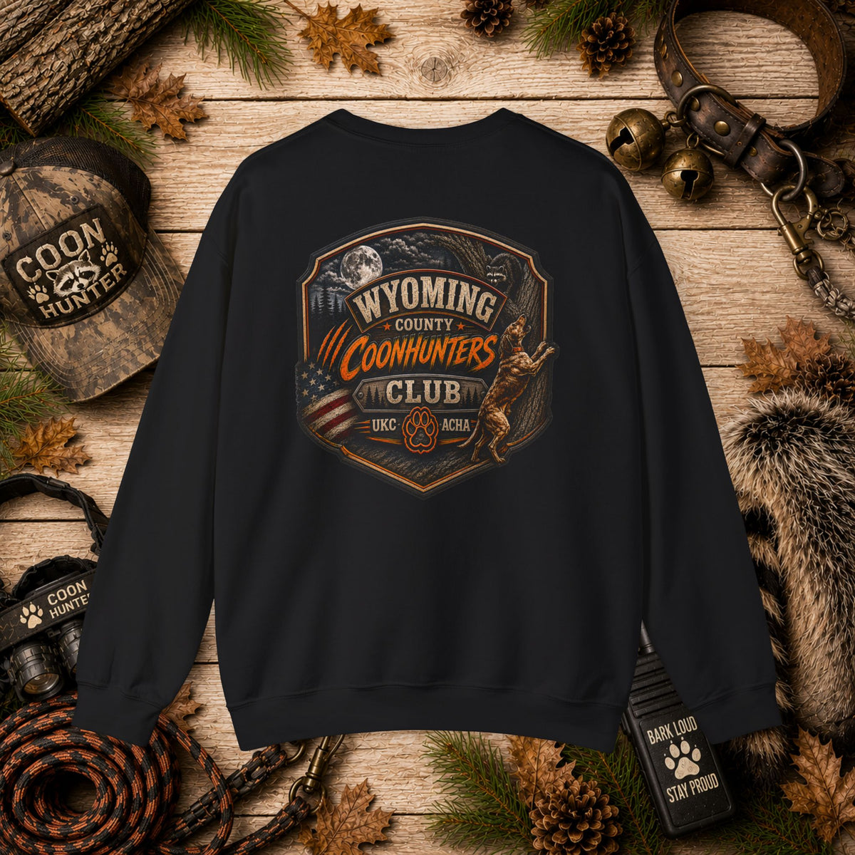 Coonhunters Club Crewneck Sweatshirt - Wyoming County Vintage Hunting Badge