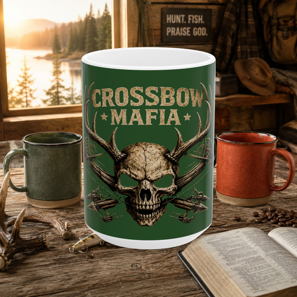 Crossbow Mafia Skull Hunting Coffee Mug – 15oz Ceramic