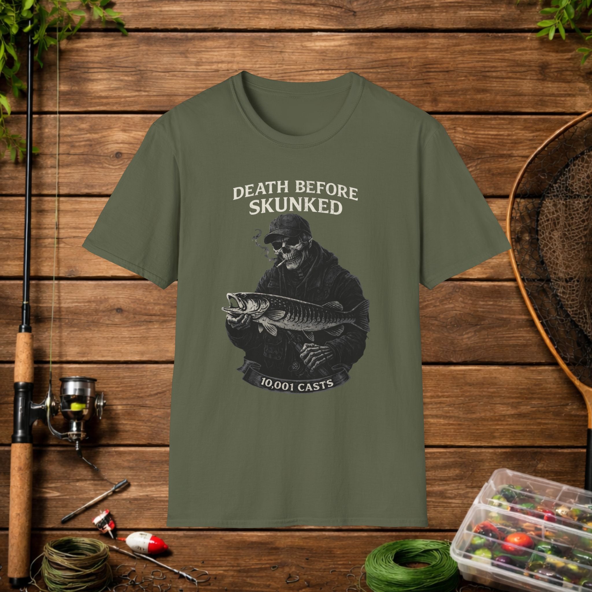 Musky Fishing Shirt – Death Before Skunked – Grim Reaper Angler Tee – Muskie Fisherman Gift – Dark Fishing T-Shirt