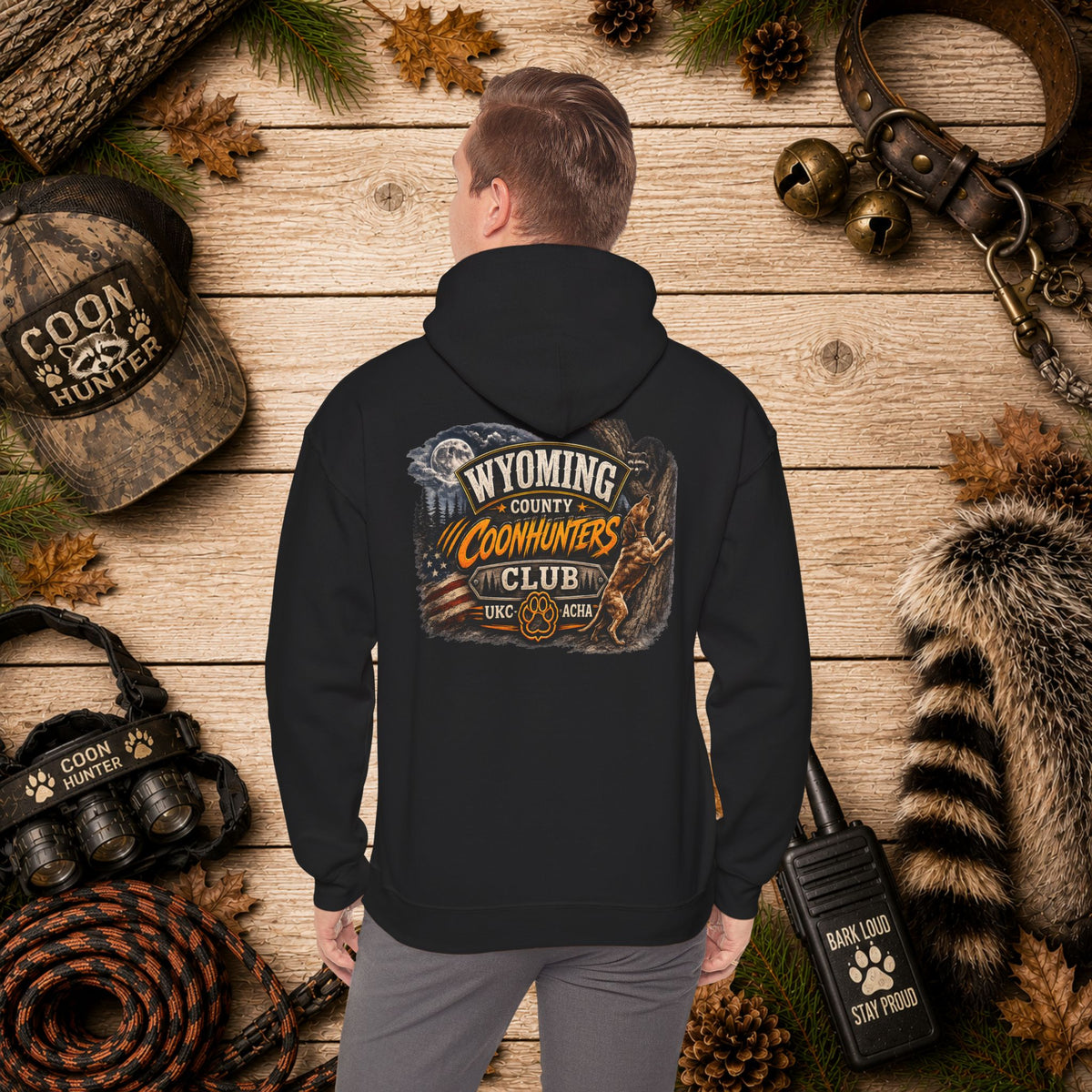 Wyoming Coonhunters Club Hoodie – Dual print badge front/banner back