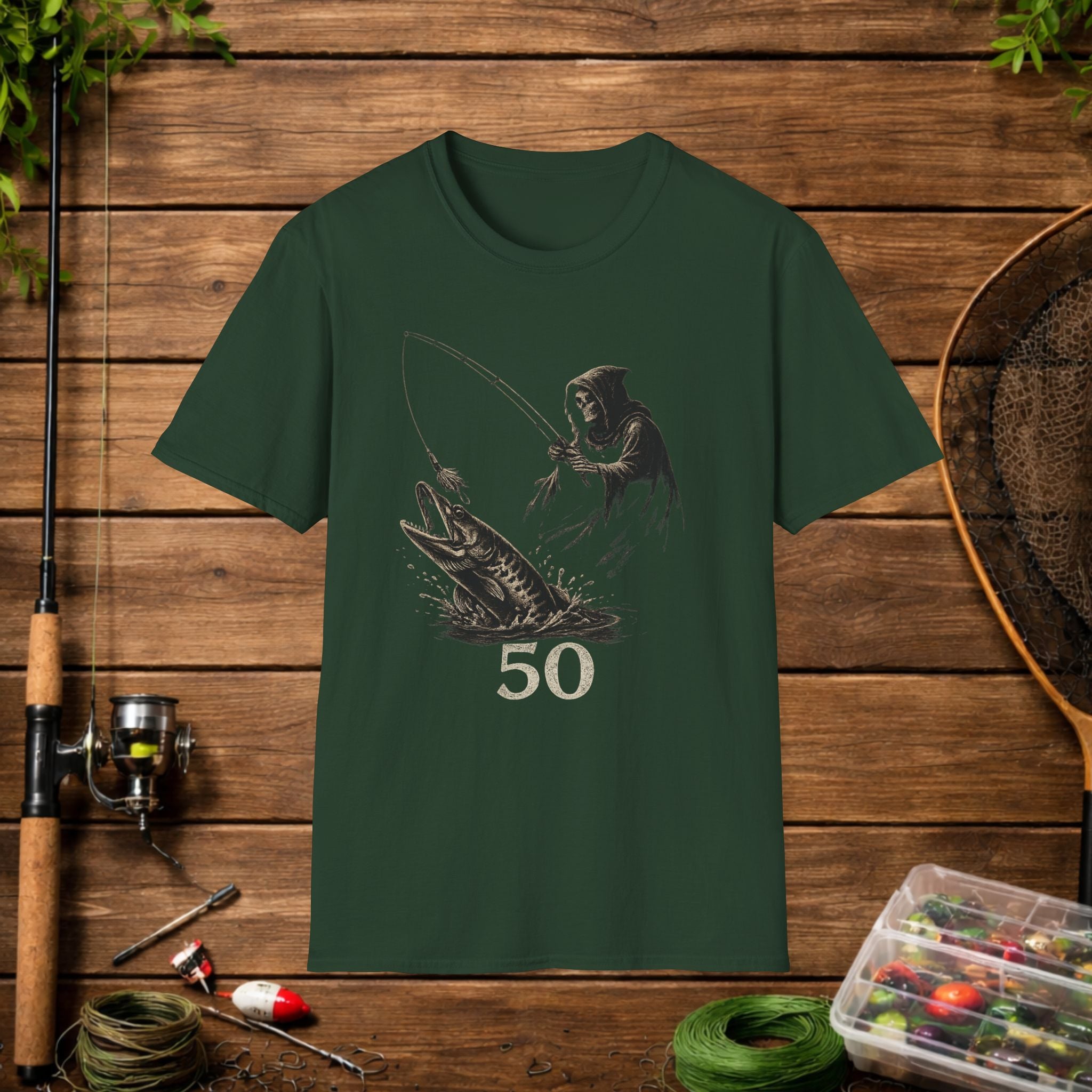 Musky Fishing T-Shirt – Grim Reaper Fishing Design “50” – Muskie Angler Shirt – Dark Fishing Tee – Gift for Fishermen