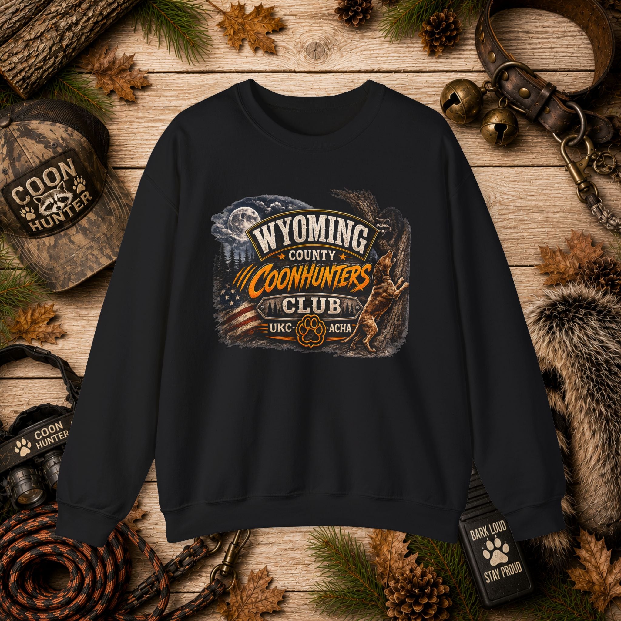 Wyoming County Coonhunters Club Sweatshirt Daul print Banner front/Badge back