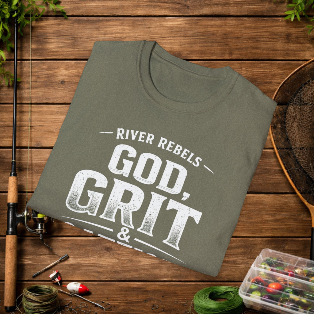 God Grit & Catfish Shirt – River Rebels Faith Fishing Tee – Christian Outdoor Shirt – Built Different Country Apparel