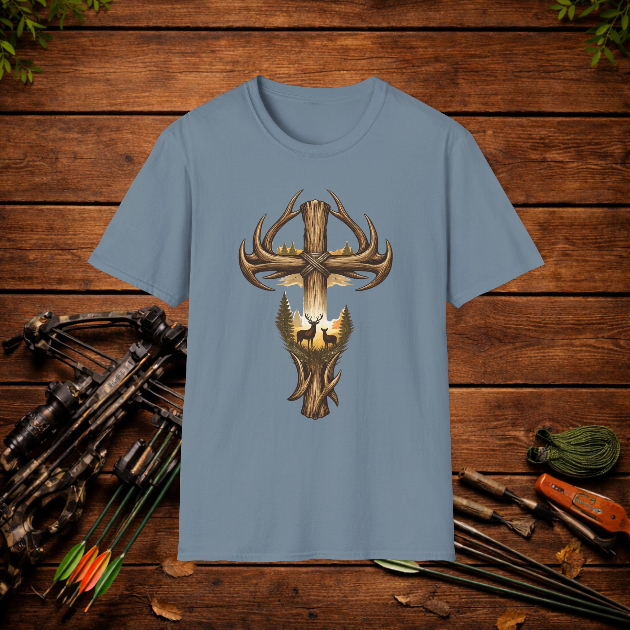 Christian Deer Hunting Shirt – Cross with Antlers Whitetail Tee – Faith Hunting Apparel – Rustic Outdoor Shirt