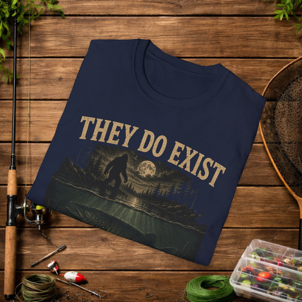 Fishing & Bigfoot T-Shirt - "They Do Exist I've Seen Both" Outdoor Graphic Tee