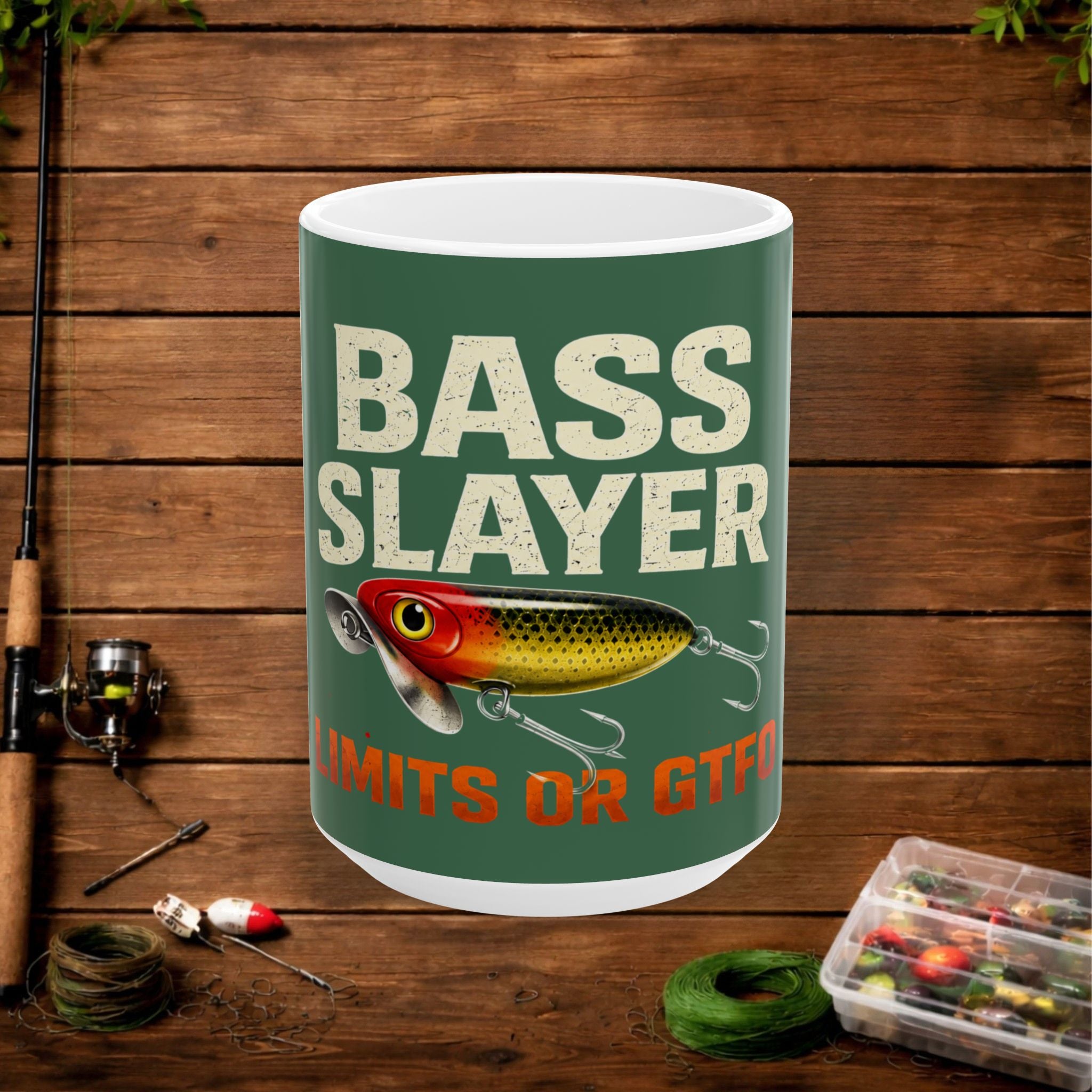 Bass Slayer Fishing Ceramic Mug – No Limits or GTFO | Funny Angler Gift | 11oz & 15oz
