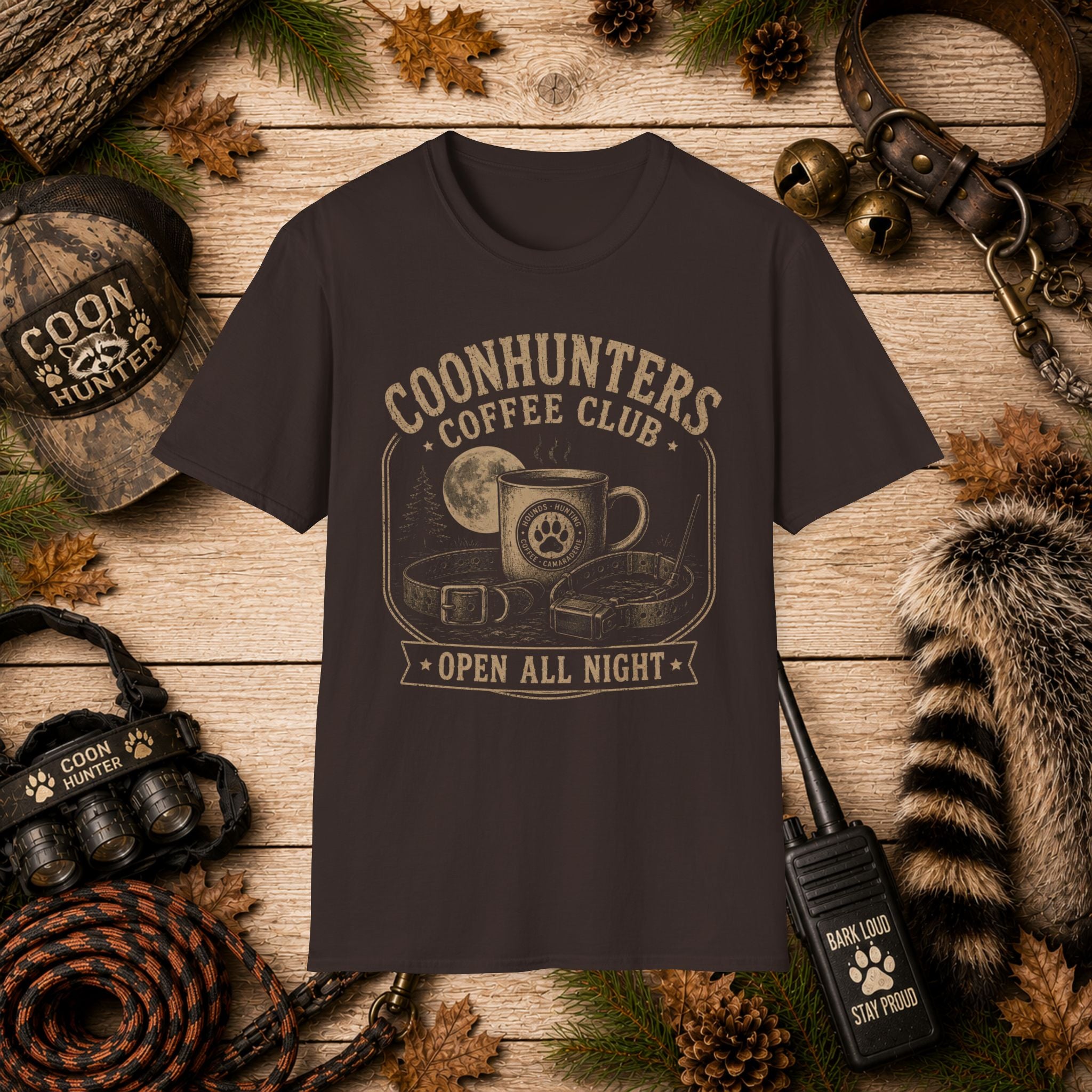 Coonhunters Coffee Club T-Shirt — Vintage Moon & Mug Graphic