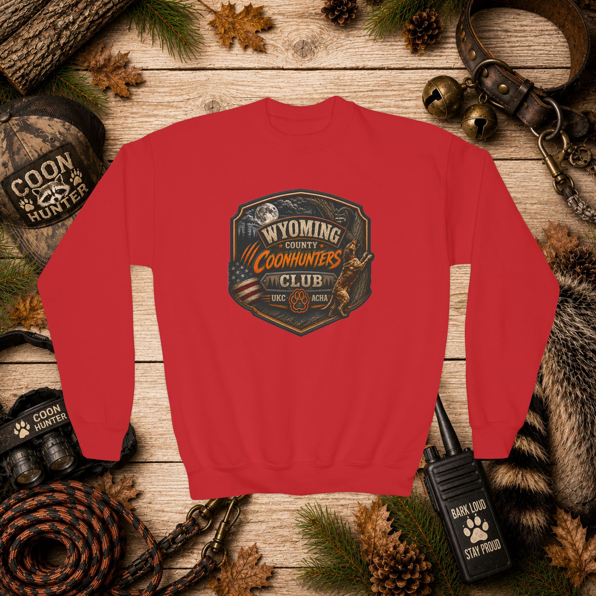 Youth Crewneck Sweatshirt — Wyoming Coonhunters Club Vintage Hunting Graphic Dual print Badge front/Banner back