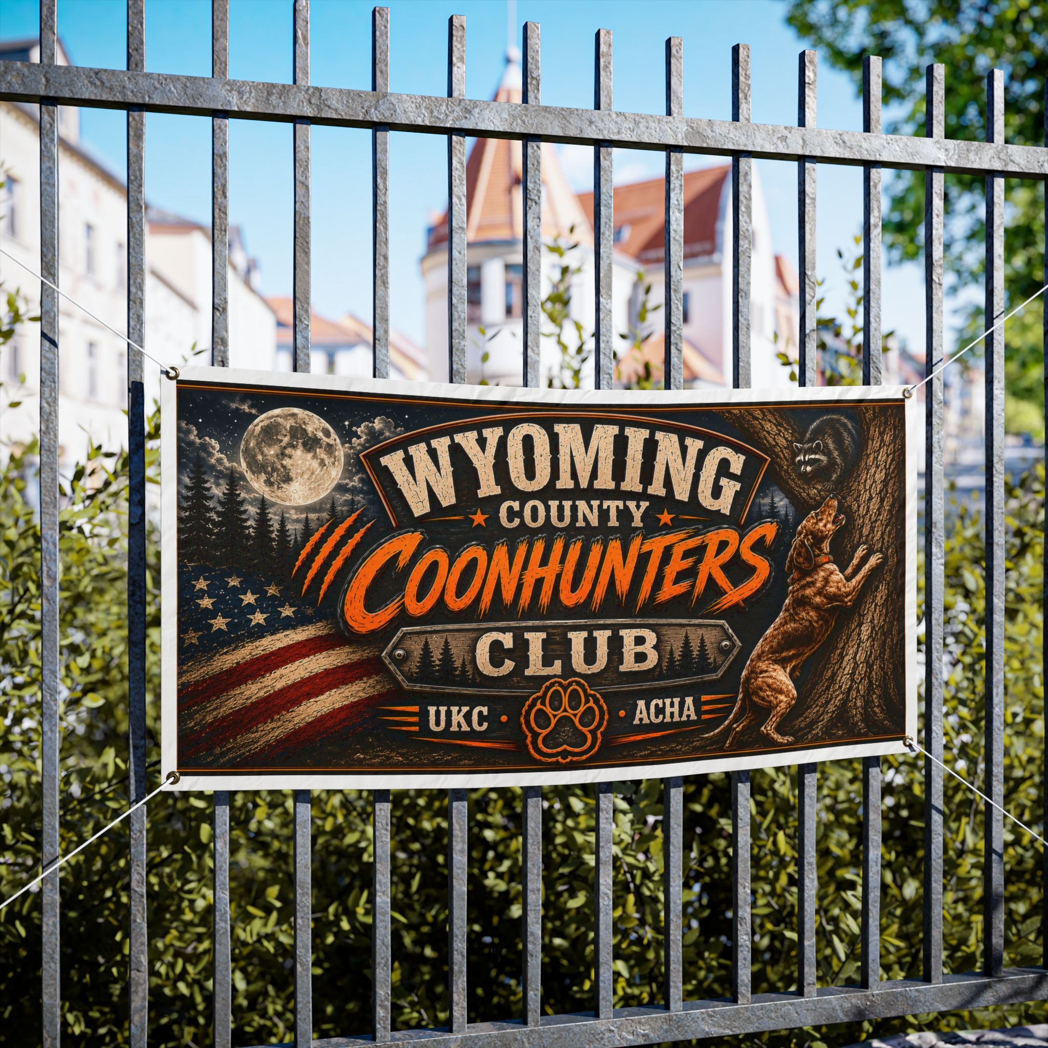 Wyoming County Coonhunters Club Vinyl Banner – Rustic American Hunting Sign