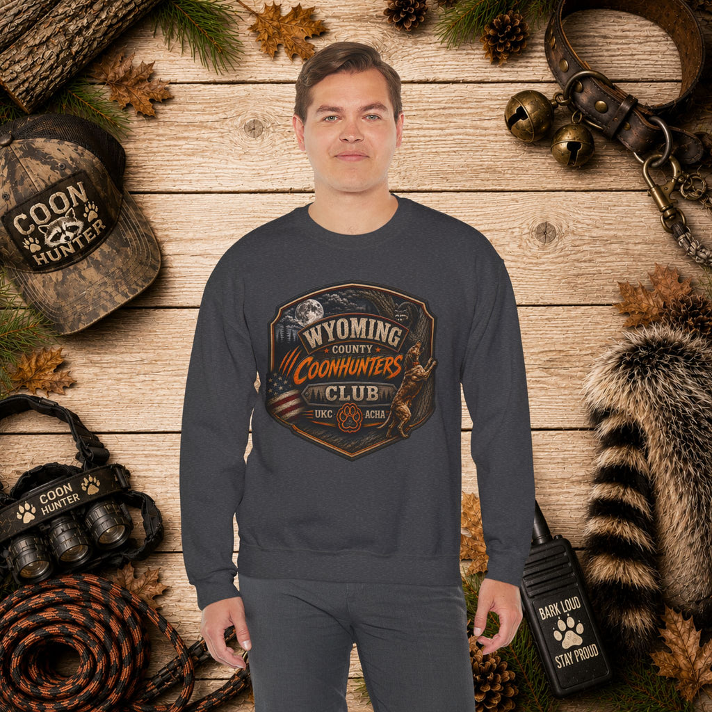 Wyoming Coonhunters Club Crewneck Sweatshirt Dual Print Badge front/Banner back