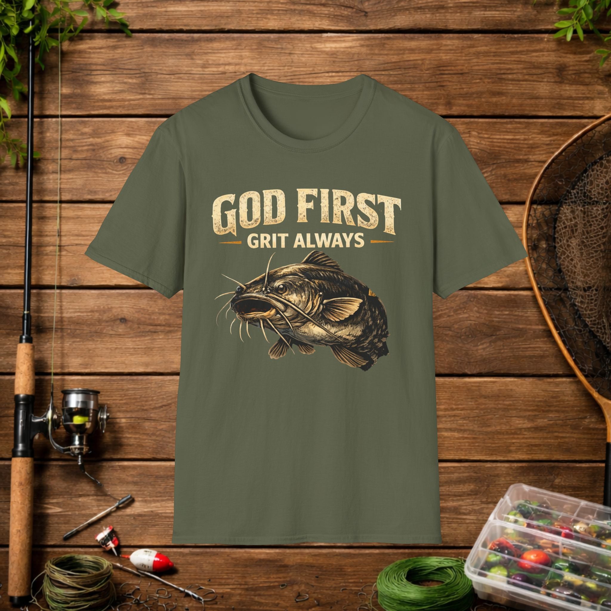God First Grit Always Shirt – Catfish Fishing Tee – Faith Based Outdoor Shirt – Christian River Life Apparel