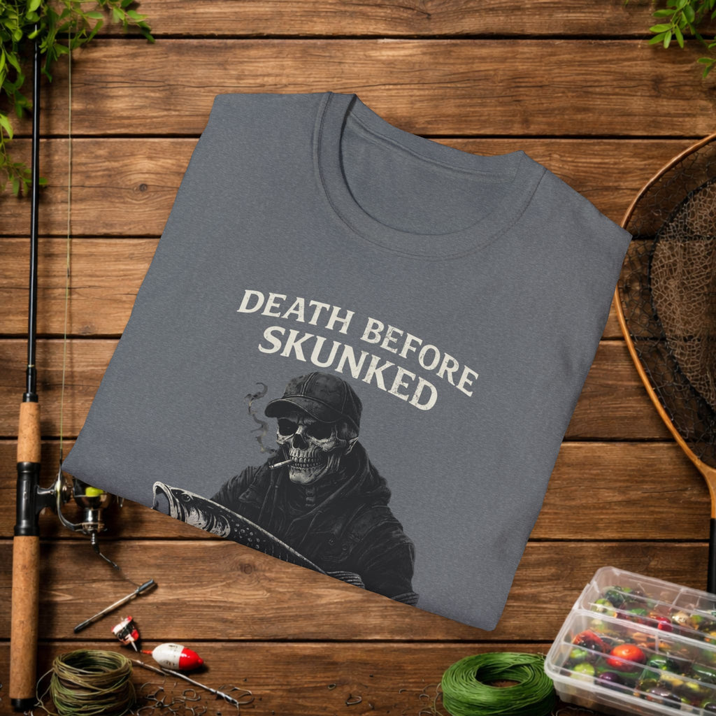 Musky Fishing Shirt – Death Before Skunked – Grim Reaper Angler Tee – Muskie Fisherman Gift – Dark Fishing T-Shirt