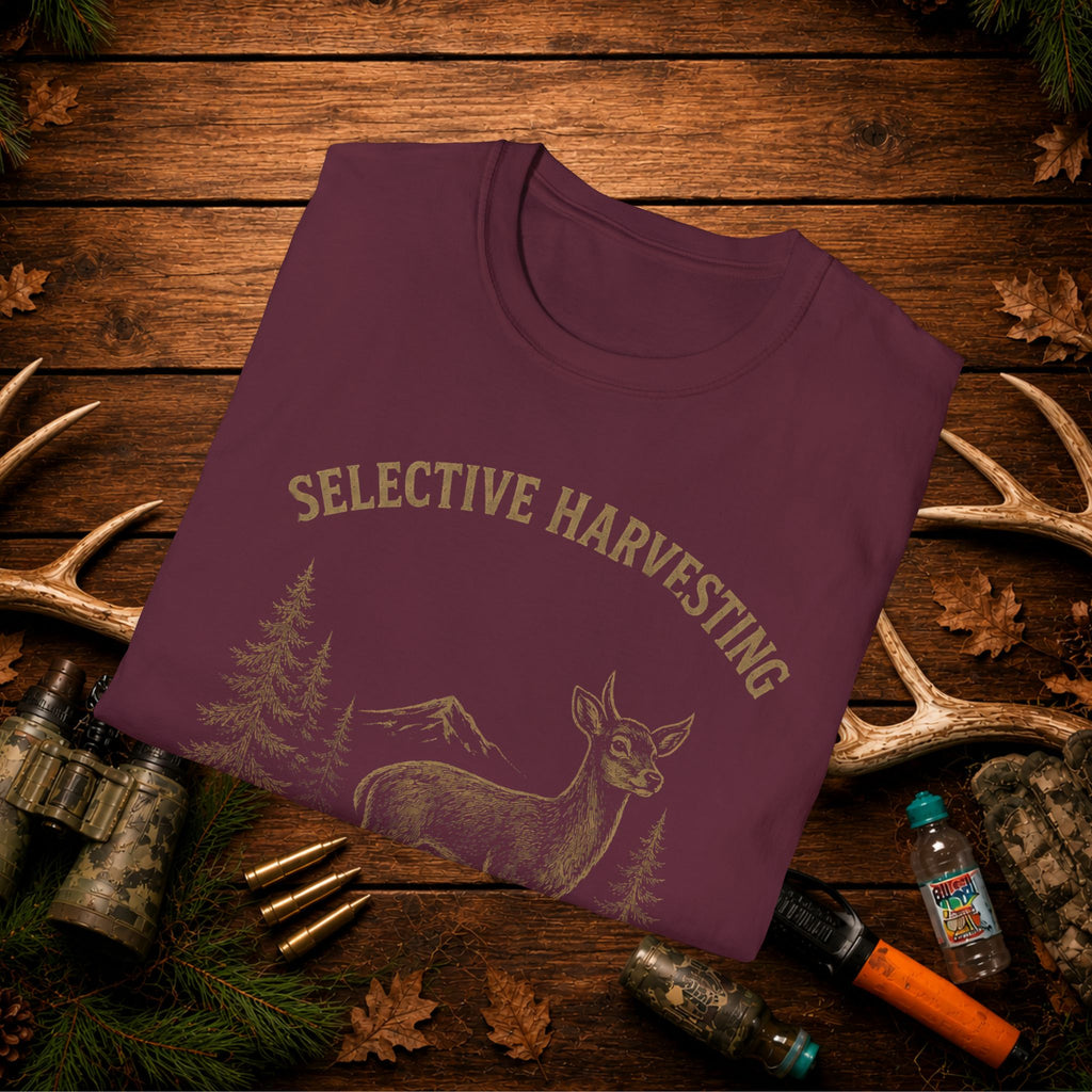 Deer Hunting T-Shirt — "Selective Harvesting What's That" Vintage Outdoor Tee
