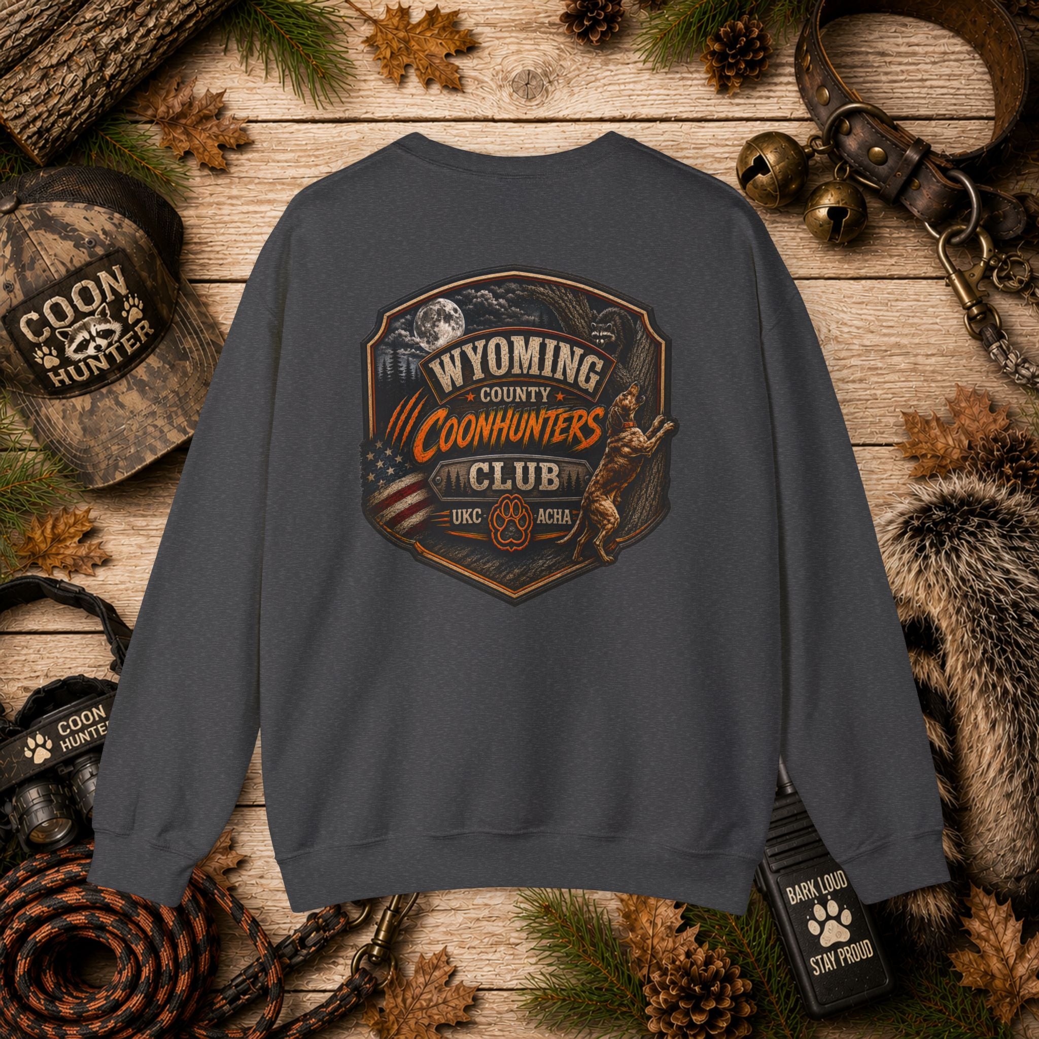Coonhunters Club Crewneck Sweatshirt - Wyoming County Vintage Hunting Badge
