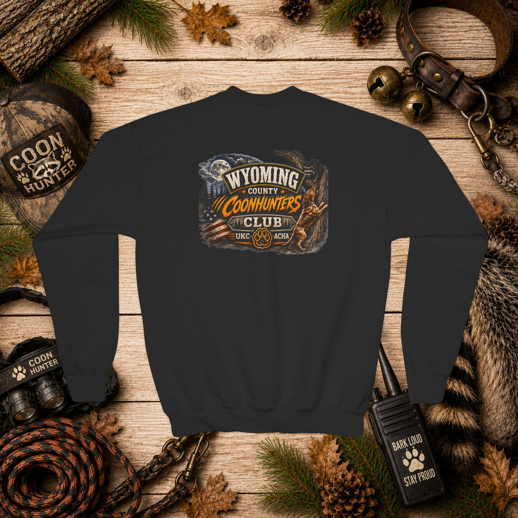 Youth Crewneck Sweatshirt — Wyoming Coonhunters Club Vintage Hunting Graphic Dual print Badge front/Banner back