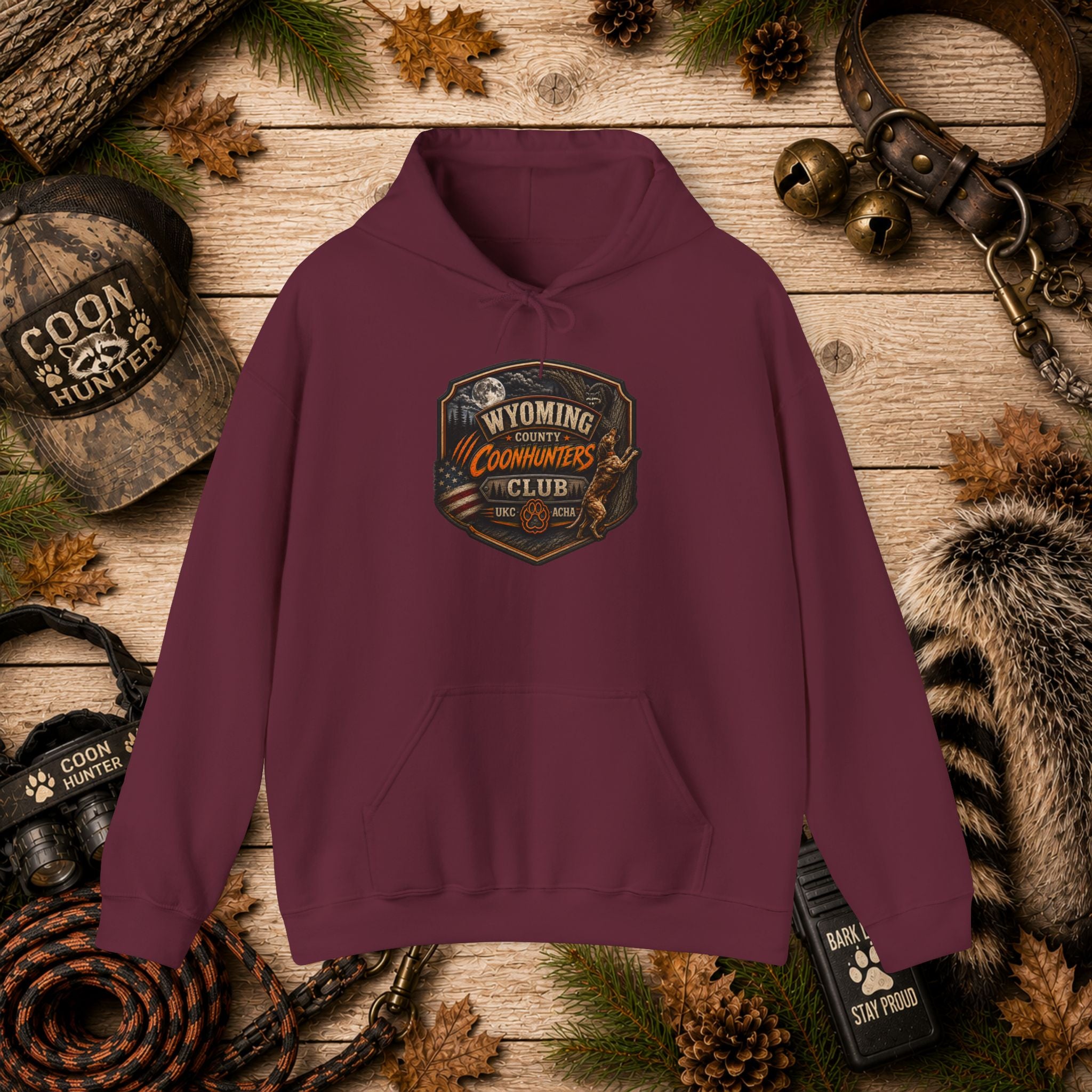 Wyoming Coonhunters Club Hoodie – Dual print badge front/banner back