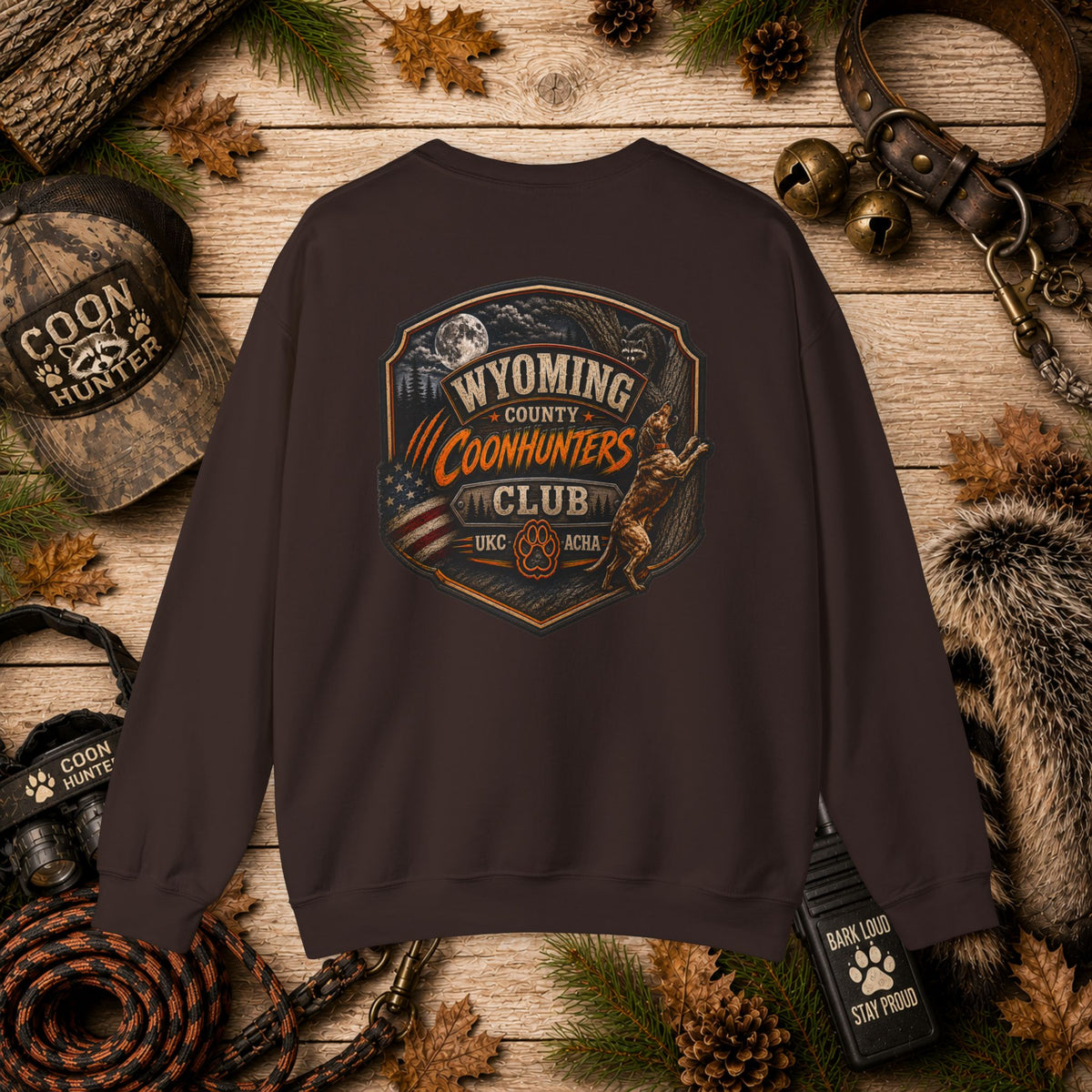 Coonhunters Club Crewneck Sweatshirt - Wyoming County Vintage Hunting Badge